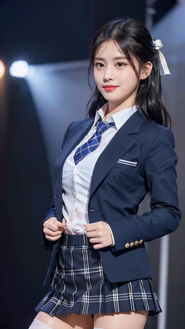 (8K), (highest quality: 1.2), (realistic), (realistic: 1.47), ultra high resolution, 1 girl, cute, smile, closed mouth, (thick lips:1.2),red lip,(purse your lips),beautiful details, beautiful nose,(Straight shiny black hair),(With a black ribbon on her head),Stand on the concert stage,hold the microphone in the right hand,Bend your elbows and raise your hands,(University Student Uniform,A simple navy blue blazer,white satin shirt,tie,tartan check pleated skirt,opaque tights:1.2),(Wet thighs close up:1.2),(super low angle:1.2),(shot from behind)