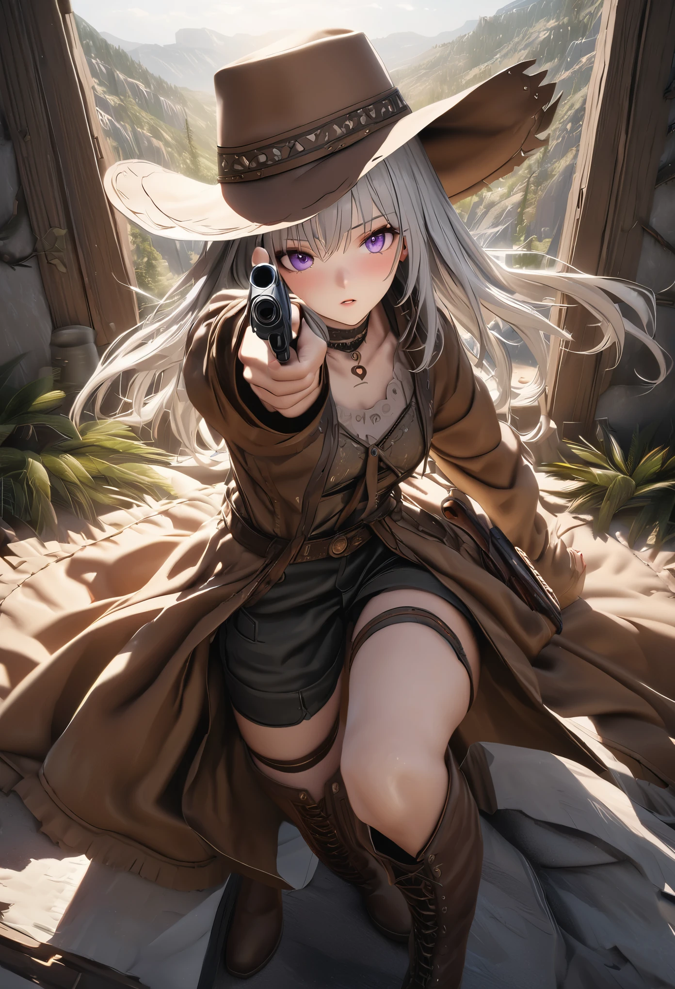 masterpiece,highest quality, Super detailed, High resolution, expensive resolution, HDR, 4k, 8K, unity 8k wallpaper, Super detailed CG, masterpiece, realistic, 2D, 3D, beautiful details, depth, fine texture , super fine: 1.3, Fully focused, Crispy.skin, .he, Very cute anime girl 、Desolate wilderness、cowboy styleの衣装、cowboy hat、cowboy boots、hand gun、mexican wilderness、duel、hand gunを持って立っている、long silver hair wearing expensive , one girl、alone, long silver hair, cowboy style、cowboy hat、hand gun、duel、cowboy bootole under the eye, looking at the viewer , expensive , blush, mole, parted lips, hair ornaments, heart, purple eyes, choker