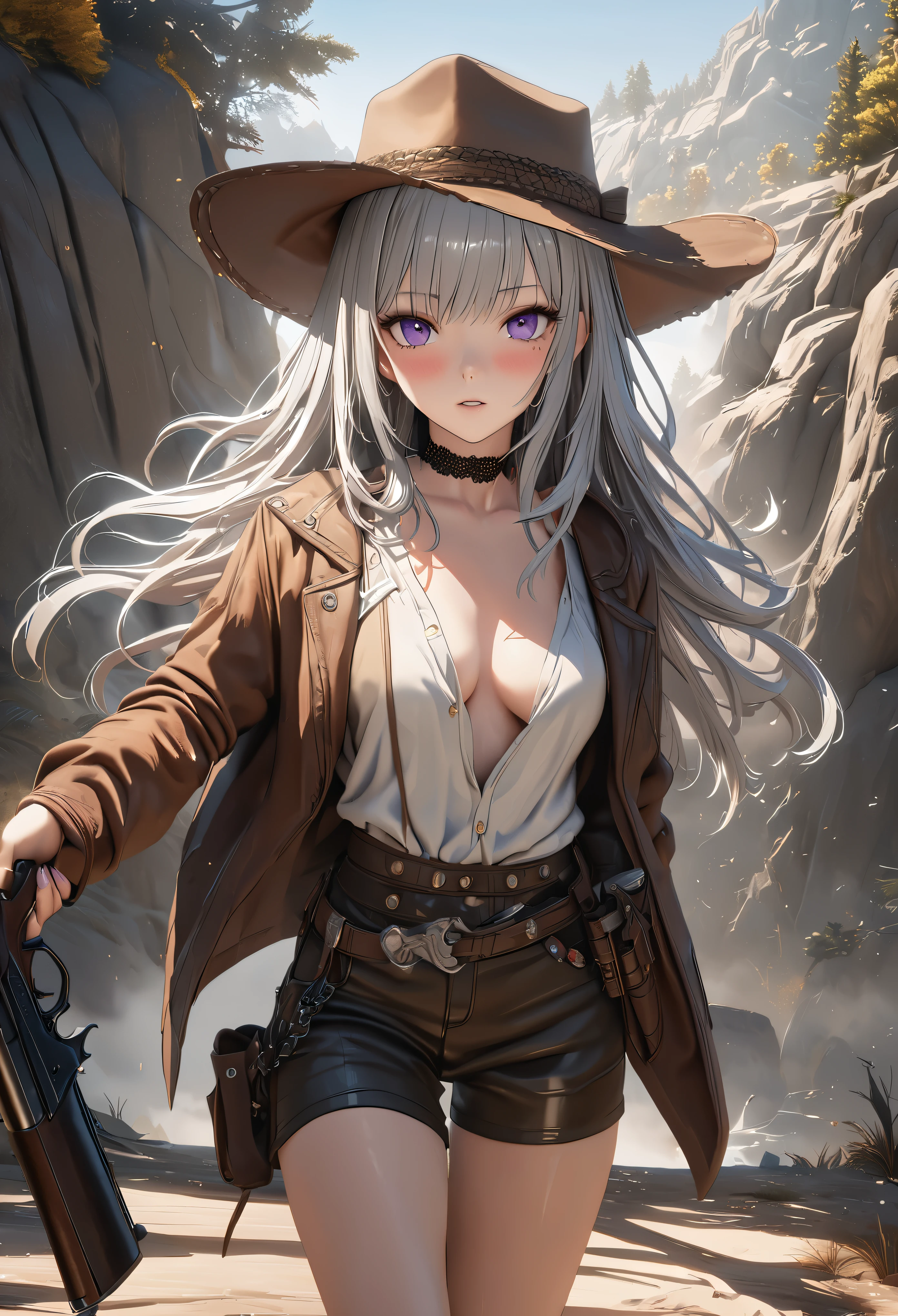masterpiece,highest quality, Super detailed, High resolution, expensive resolution, HDR, 4k, 8K, unity 8k wallpaper, Super detailed CG, masterpiece, realistic, 2D, 3D, beautiful details, depth, fine texture , super fine: 1.3, Fully focused, Crispy.skin, .he, Very cute anime girl 、Desolate wilderness、cowboy style costume、cowboy hat、cowboy boots、hand gun、mexican wilderness、duel、Standing with a hand gun、long silver hair wearing expensive , one girl、alone, long silver hair, cowboy style、cowboy hat、hand gun、duel、cowboy bootole under the eye, looking at the viewer , expensive , blush, mole, parted lips, hair ornaments, heart, purple eyes, choker