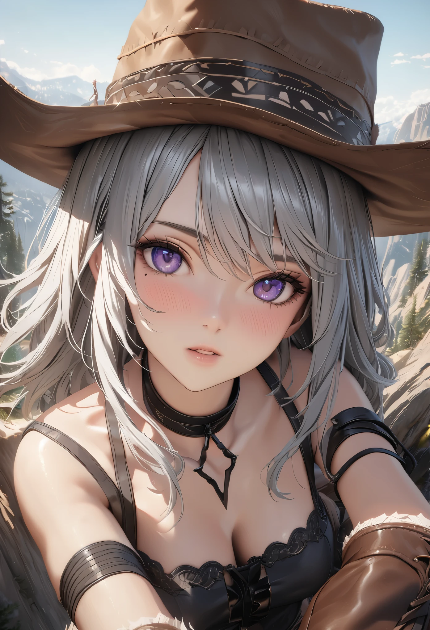 masterpiece,highest quality, Super detailed, High resolution, expensive resolution, HDR, 4k, 8K, unity 8k wallpaper, Super detailed CG, masterpiece, realistic, 2D, 3D, beautiful details, depth, fine texture , super fine: 1.3, Fully focused, Crispy.skin, .he, Very cute anime girl 、Desolate wilderness、cowboy styleの衣装、cowboy hat、cowboy boots、hand gun、mexican wilderness、duel、hand gunを持って立っている、long silver hair wearing expensive , one girl、alone, long silver hair, cowboy style、cowboy hat、hand gun、duel、cowboy bootole under the eye, looking at the viewer , expensive , blush, mole, parted lips, hair ornaments, heart, purple eyes, choker