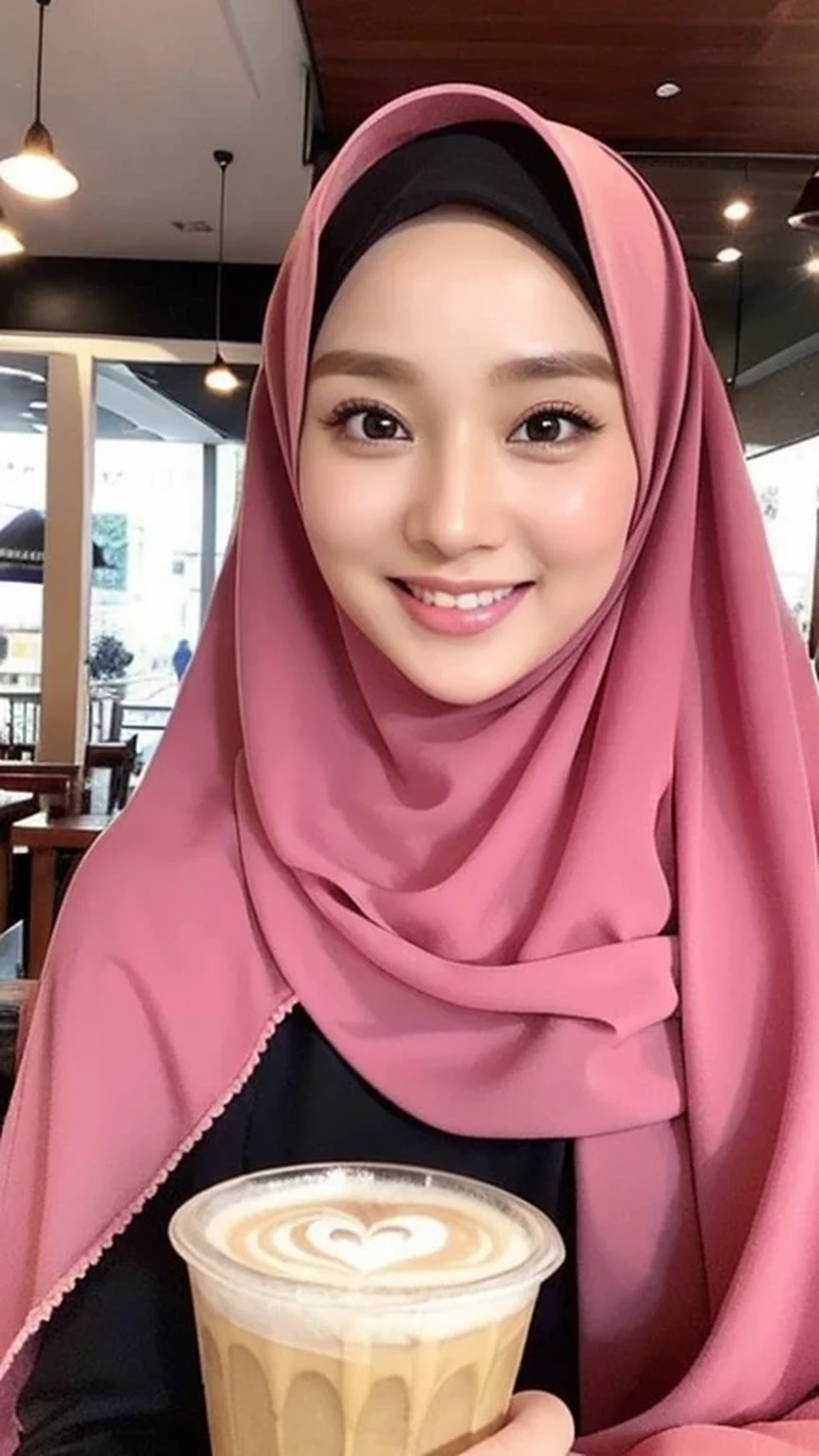 Beautuful Women、hijab, indonesian, realistic, ultra detailed face, 8K、selfee、cafe, cute, smile, beautiful, alone, black and pink, full body