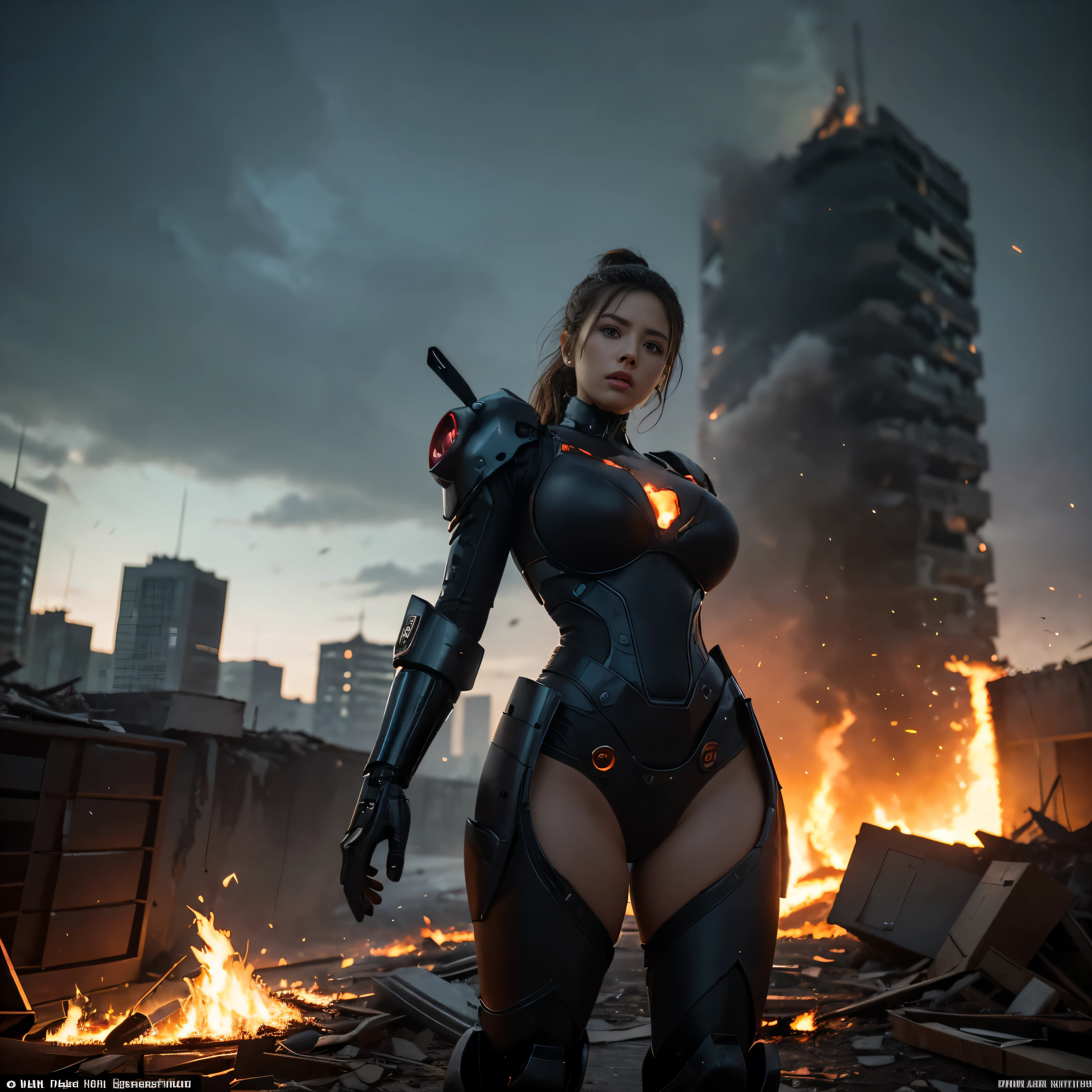 (highest quality、4K、High resolution、master piece: 1.2)、Super detailed、real: 1.37、Natural light、Portrait、surreal colors、futuristic style、Crumbling cityscape、Overgrown vegetation、Foggy atmosphere、Contrasting shadows、tattered clothes、A strong and confident gaze、Abandoned Objects、desolation、Destroyed building silhouette、vivid graffiti、Empowering pose、hair fluttering in the wind、Expressive facial features、unforgettable beauty、Dramatic sky、eerie clouds、intricate details、urban decline、post-apocalyptic setting、Ruins in nature 、Majestic Skyline、Desperate struggle、Creepy Presence、Thought of power、Enhanced Thought of power、intensity of emotions、Tense atmosphere、heroic attitude、intense action、Fearless Determination、Survival from all odds、Dangerous landscapes、Iconic battle、cinematic composition、epic showdown、A moment frozen in time、mysterious aura、fortitude、Women's Support、strong female protagonist、Fascinating story、Women's power、Fierce determination、Empowering Stories、Behind her is a huge(The invader's mech is on fire and about to collapse.:1.3)