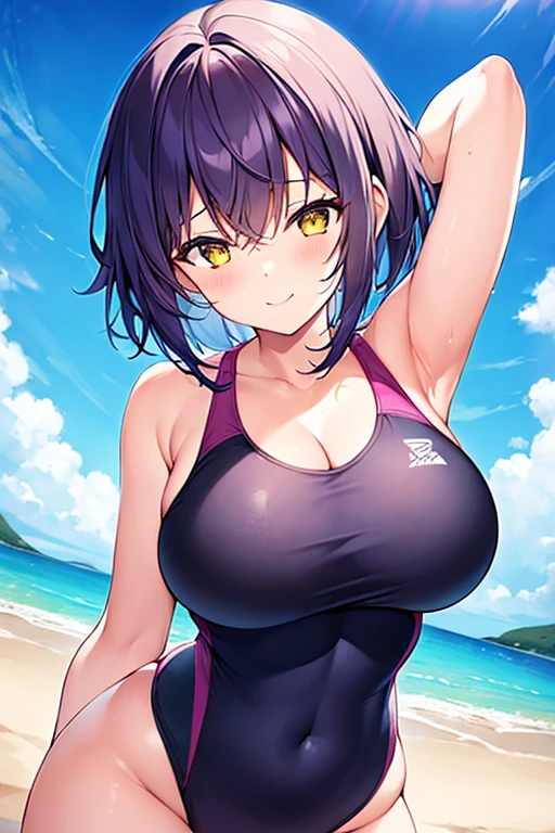 1girl, large , breastships, thick thighs, purple hair, short hair, very short hair, yellow eyes, one-piece swimsuit, blue swimsuit, competition swimsuit, black one-piece swimsuit, light smile, smile, hourglass figure, toned, toned female, tall, tall female, carry me, outstreched hands, incoming hug, \o/, reaching towards viewer
