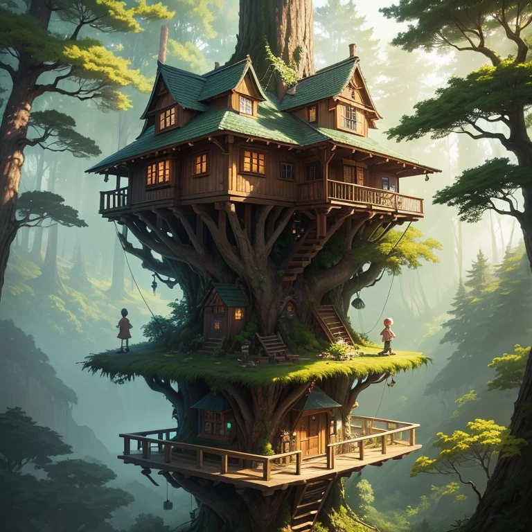 High-up, above the thick trees of the forest lies a hidden elf village build high among the trees for safety and security, the many trees are seemingly connected by handmade rope and wood plank bridges, breezy yet cozy, all natural, small elf kids are playfully chasing each other along the bridges, the forest floor is no where in sight as if the viewer has been transported to a cozy peaceful treehouse village in the skies.