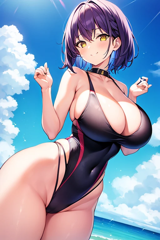 1girl, large breasts, breasts, wide hips, thick thighs, purple hair, short hair, very short hair, yellow eyes, one-piece swimsuit, blue swimsuit, competition swimsuit, black one-piece swimsuit, light smile, smile, hourglass figure, toned, toned female, tall, tall female, carry me, outstreched arms, outstreched hands, reaching towards viewer