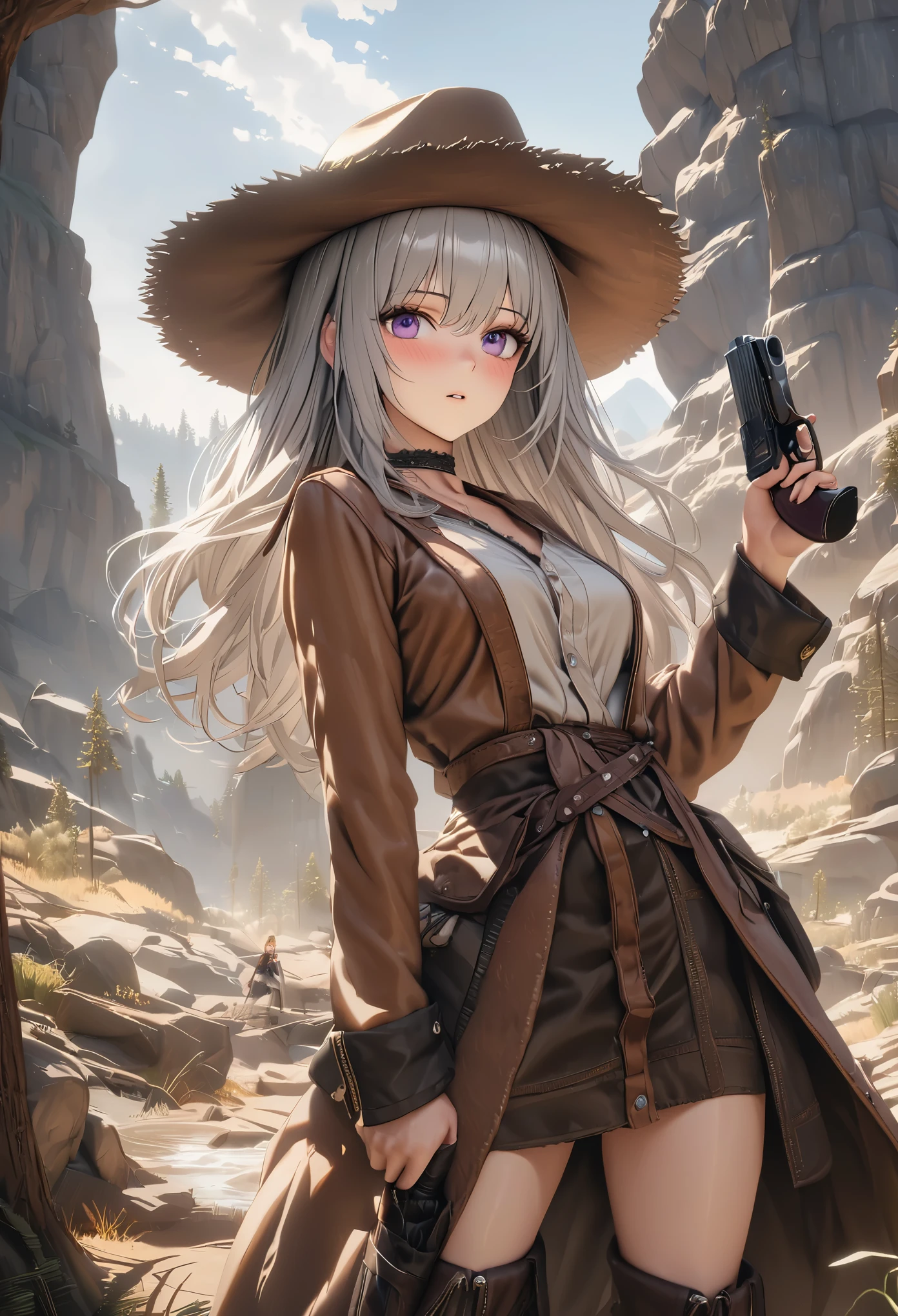 masterpiece,highest quality, Super detailed, High resolution, expensive resolution, HDR, 4k, 8K, unity 8k wallpaper, Super detailed CG, masterpiece, realistic, 2D, 3D, beautiful details, depth, fine texture , super fine: 1.3, Fully focused, Crispy.skin, .he,
Very cute anime girl 、Desolate wilderness、cowboy styleの衣装、cowboy hat、cowboy boots、hand gun、mexican wilderness、duel、hand gunを持って立っている、long silver hair wearing expensive , one girl、alone, long silver hair,cowboy style、cowboy hat、hand gun、duel、cowboy bootole under the eye, looking at the viewer , expensive , blush, mole, parted lips, hair ornaments, heart, purple eyes, choker