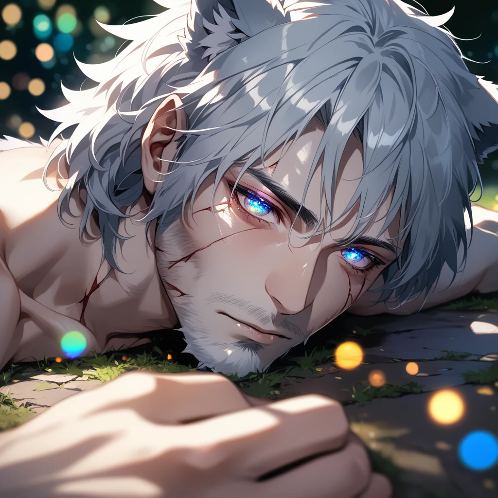 ((1man)), a sad and desperate wolf man in a park, handsome face, body is broken with scars, laying on the ground, 8K, (dynamic perspective), sharp focus, (depth of field, bokeh:1.3), extremely detailed eyes and face, beautiful detailed eyes, cinematic lighting, reflective transparent iridescent opaque skin, long transparent iridescent opaque hair, ((masterpiece, best quality)), from above, upper body, navel, muscular