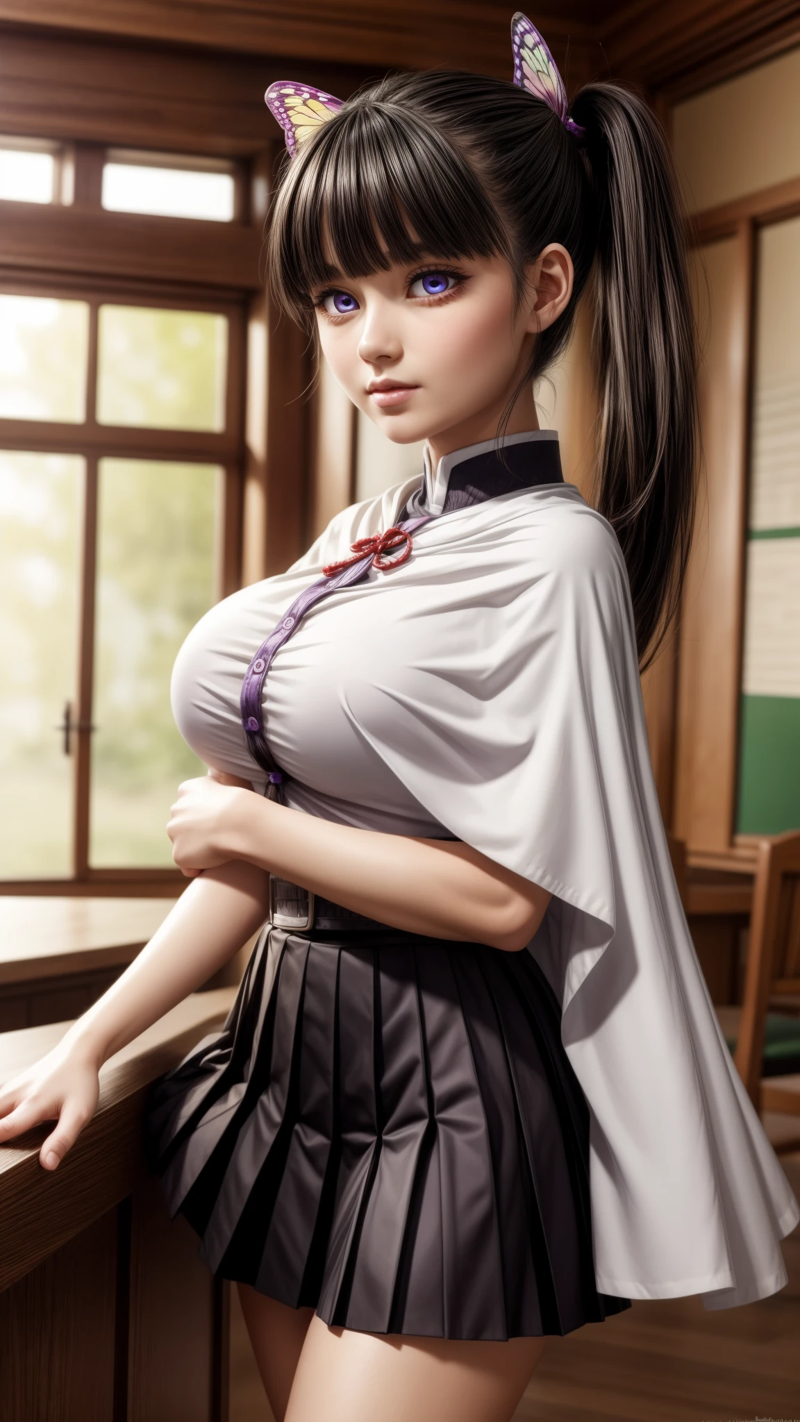 kanaotsuyuri, kanao tsuyuri, black hair, butterfly, butterfly hair ornament, (purple eyes:1.1), side ponytail, ponytail,
BREAK black skirt, cape, demon slayer uniform, long sleeves, pleated skirt, skirt, white cape,
BREAK looking at viewer,
BREAK indoors, classroom,
BREAK (masterpiece:1.2), best quality, high resolution, unity 8k wallpaper, (illustration:0.8), (beautiful detailed eyes:1.6), extremely detailed face, perfect lighting, extremely detailed CG, (perfect hands, perfect anatomy), large breasts, thick thighs