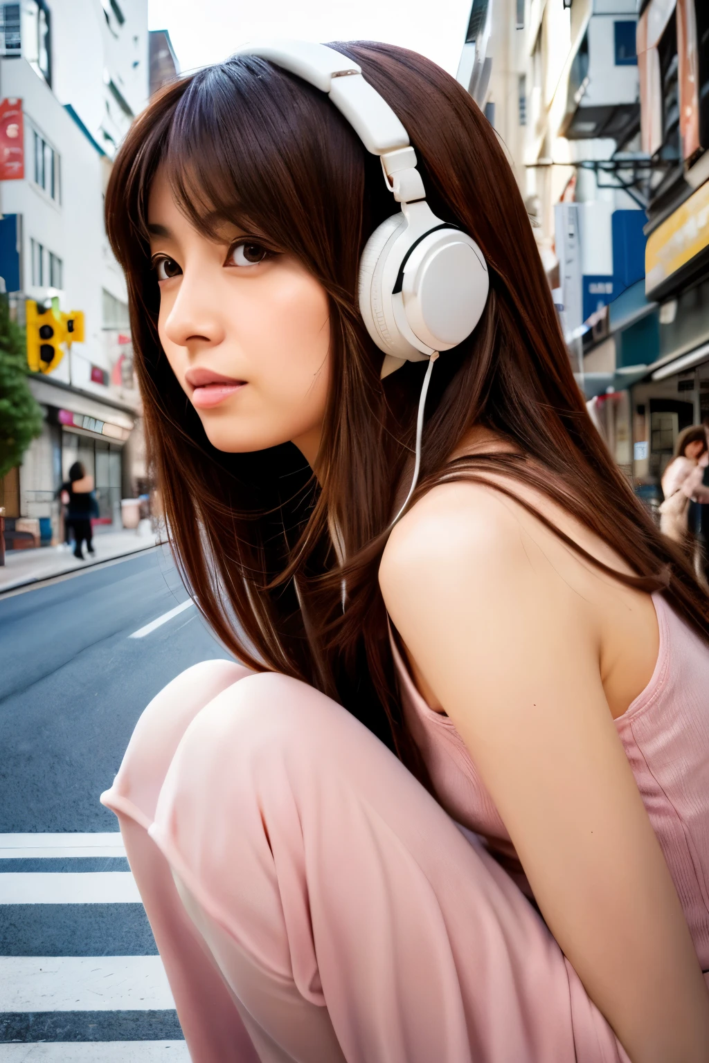 (masterpiece), (best quality, highres, highly-detailed, illustration), Skinny Japanese girl, 30 years old, 1girl, solo, city, contemporary, profile picture closeup, long hair, cute face, detailed face, brown eyes, beautiful detailed eyes, squatting, headphones, 8k, trending on ArtStation