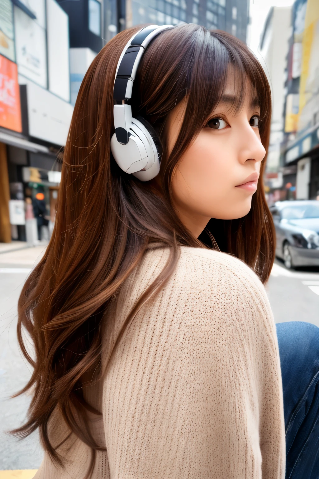 (masterpiece), (best quality, highres, highly-detailed, illustration), Skinny Japanese girl, 30 years old, 1girl, solo, city, contemporary, profile picture closeup, long hair, cute face, detailed face, brown eyes, beautiful detailed eyes, squatting, headphones, 8k, trending on ArtStation