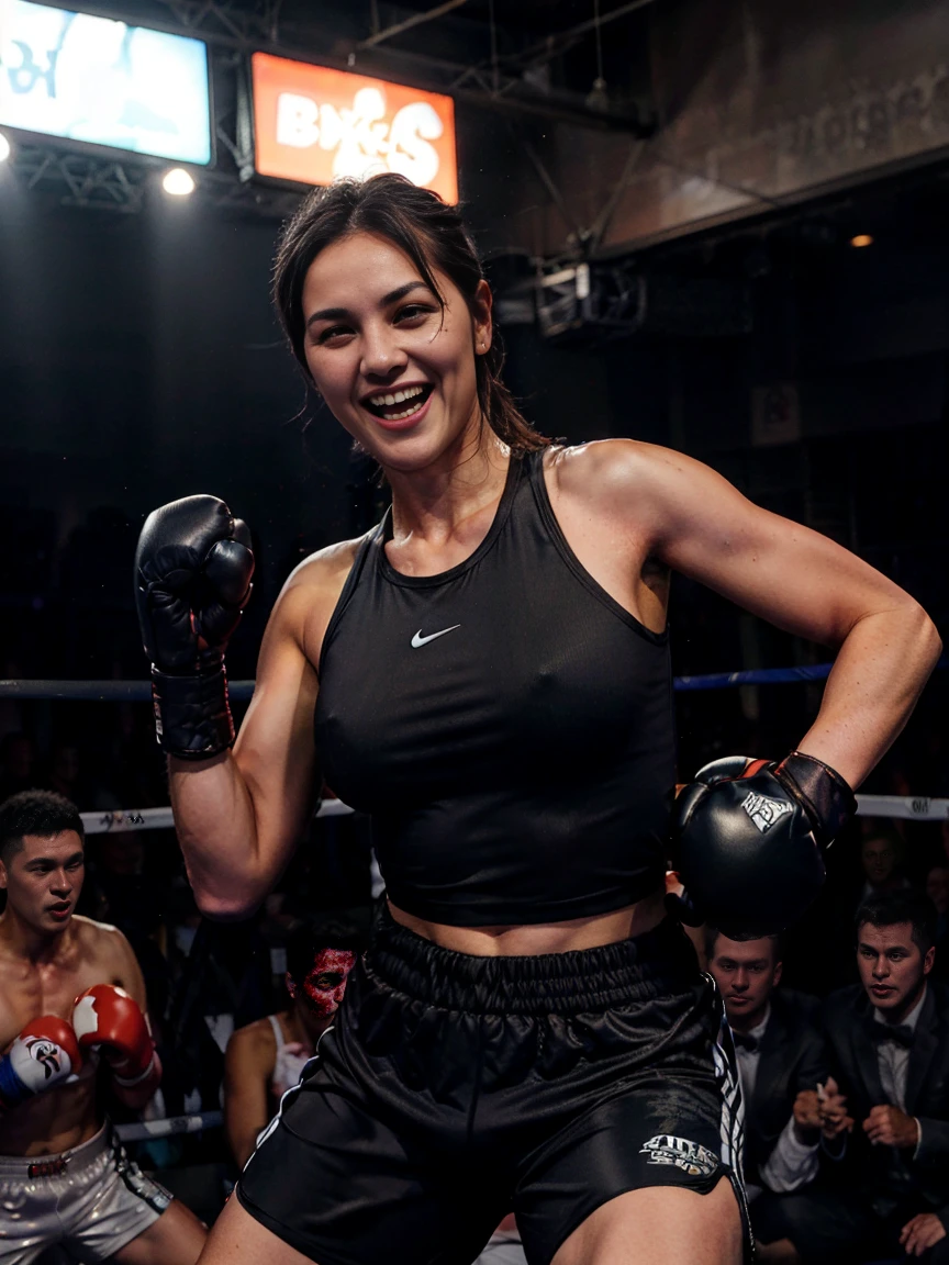 Professional female bantamweight boxers、Wearing a tight-fitting tank top and short running pants, clenching his fist、With a confident smile, he clenches his fist and attacks the viewer.、In dynamic poses、boxing ring、During a boxing match、The crowd is gathering。