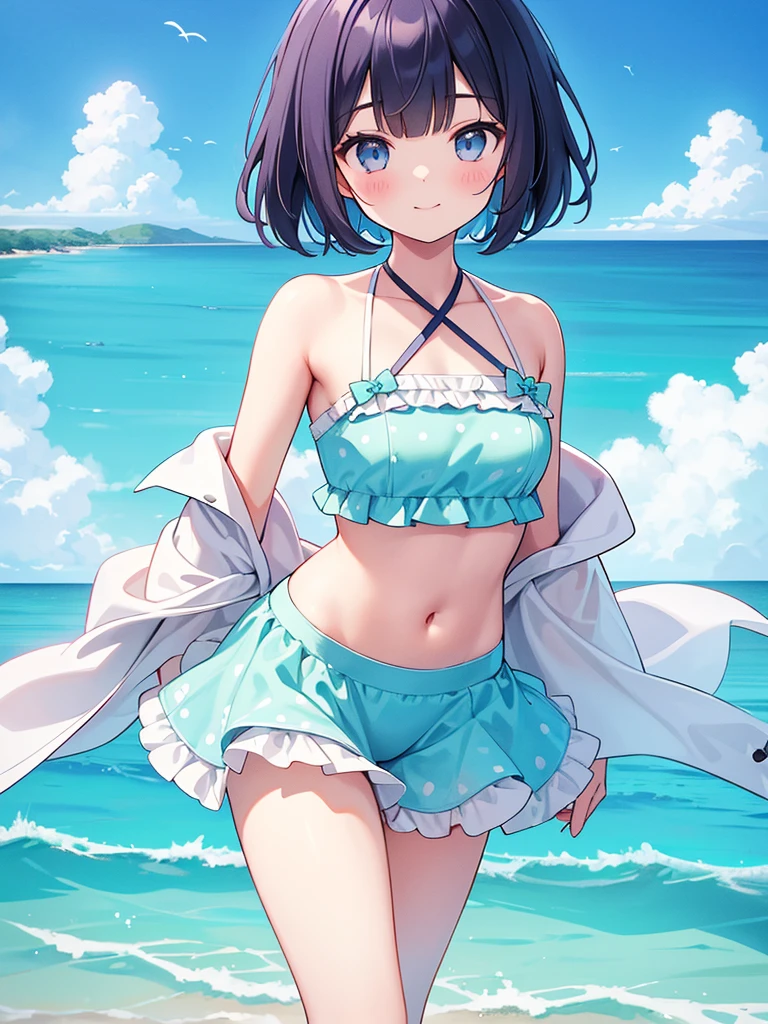 a girl standing in shallow ocean water under a clear blue sky. She has a sun-kissed complexion and a deep violet bob cut hair. She is wearing a two-piece swimsuit with a strap around the neck; the top is bandeau-style with a halter neck strap, featuring a aqua bule color with white polka dots. The top has a sweetheart neckline, accentuated with a small frilly detail along the edge, and it is underwired, providing structure. The matching bottoms have a similar frilly detail along the waistline. Her posture is relaxed yet playful as she gently touches her midriff with both hands, and she offers subtle smile, her head tilted slightly to the side, adding a sense of approachability to her demeanor, high contrast, clean lines, digital painting, vivid colors