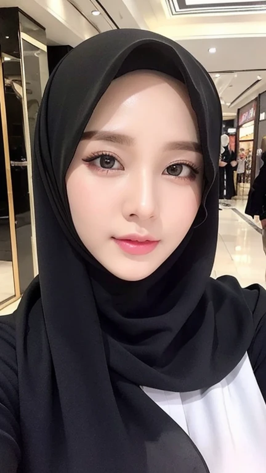 Beautuful Women、hijab, indonesian, realistic, ultra detailed face, 8K、selfee、mall, cute, beautiful, alone, black and white, full body