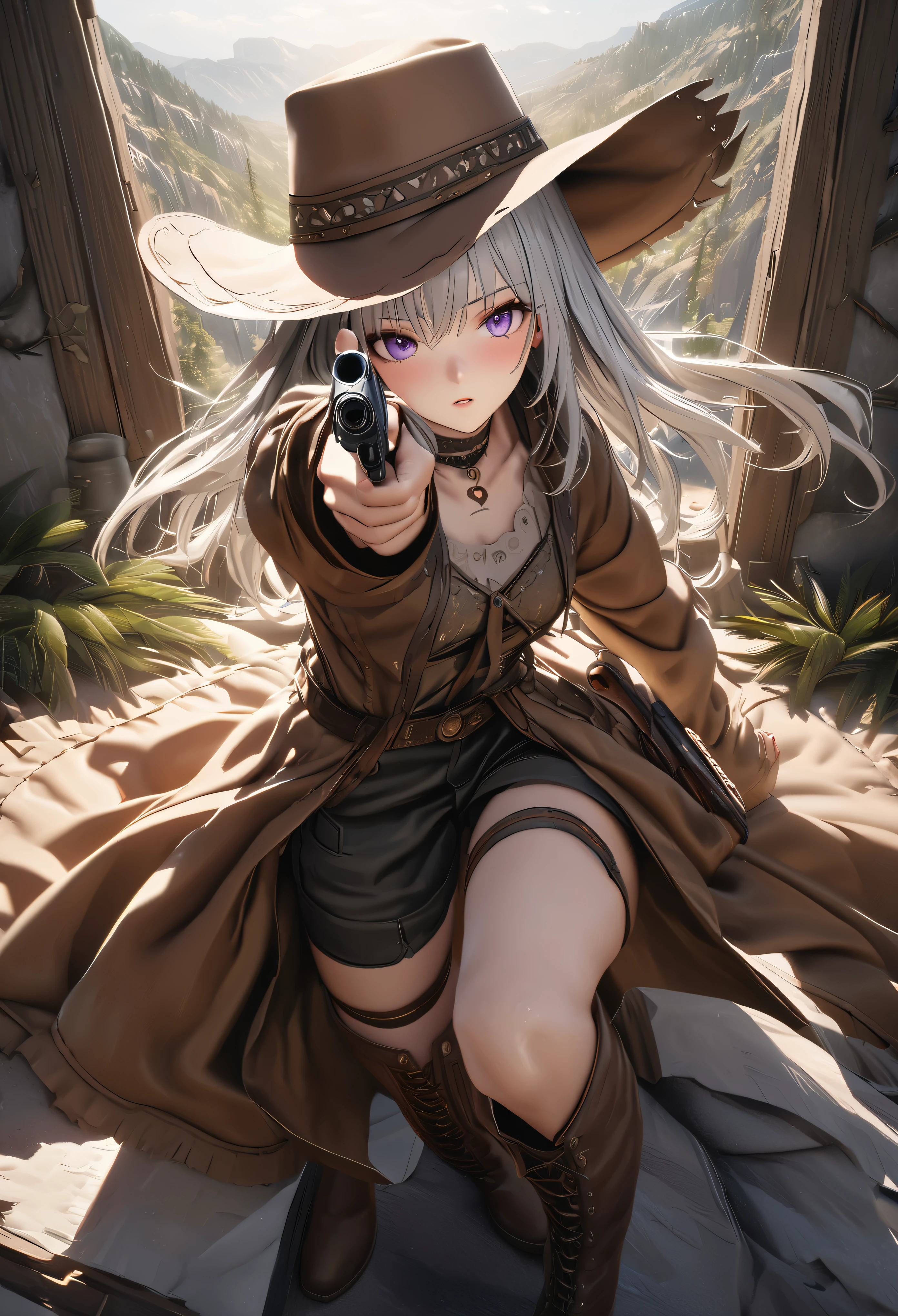 masterpiece,highest quality, Super detailed, High resolution, expensive resolution, HDR, 4k, 8K, unity 8k wallpaper, Super detailed CG, masterpiece, realistic, 2D, 3D, beautiful details, depth, fine texture , super fine: 1.3, Fully focused, Crispy.skin, .he, Very cute anime girl 、Desolate wilderness、cowboy style costume、cowboy hat、cowboy boots、hand gun、mexican wilderness、duel、Standing with a hand gun、long silver hair wearing expensive , one girl、alone, long silver hair, cowboy style、cowboy hat、hand gun、duel、cowboy bootole under the eye, looking at the viewer , expensive , blush, mole, parted lips, hair ornaments, heart, purple eyes, choker