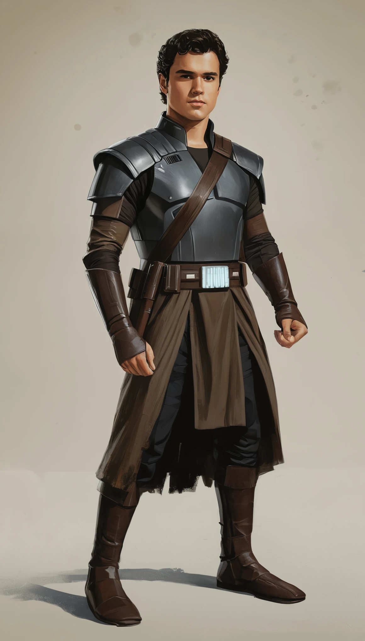 An illustrated movie poster, hand-drawn, full color, a Jedi Knight, 28 years-old, wearing a dark jedi tunic, resembles Gavin Leatherwood, sun-tanned skin, stocky physique, deep brown eyes, wide bulbous nose, black hair, curly hair, thick bushy eyebrows, extremely hairy chest, stomach, and arms, lots of body hair, posing on a pedestal, hard shadows, graphite shading, stencil markings, airbrushed acrylic paint, masterpiece, in the style of Star Wars