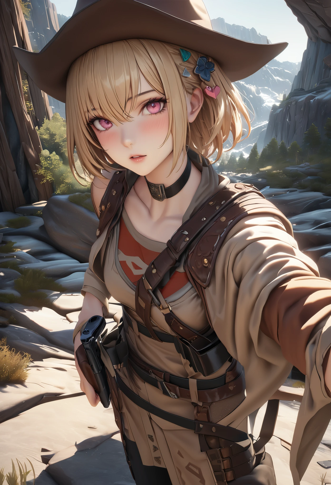 masterpiece,highest quality, Super detailed, High resolution, expensive resolution, HDR, 4k, 8K, unity 8k wallpaper, Super detailed CG, masterpiece, realistic, 2D, 3D, beautiful details, depth, fine texture , super fine: 1.3, Fully focused, Crispy.skin, .he,
Very cute anime girl 、Desolate wilderness、cowboy styleの衣装、cowboy hat、cowboy boots、hand gun、mexican wilderness、duel、hand gunを持って立っている、blonde short hair wearing expensive , one girl、alone, blonde short hair, cowboy style、cowboy hat、hand gun、duel、cowboy bootole under the eye, looking at the viewer , expensive , blush, mole, parted lips, hair ornaments, heart, pink eyes, choker