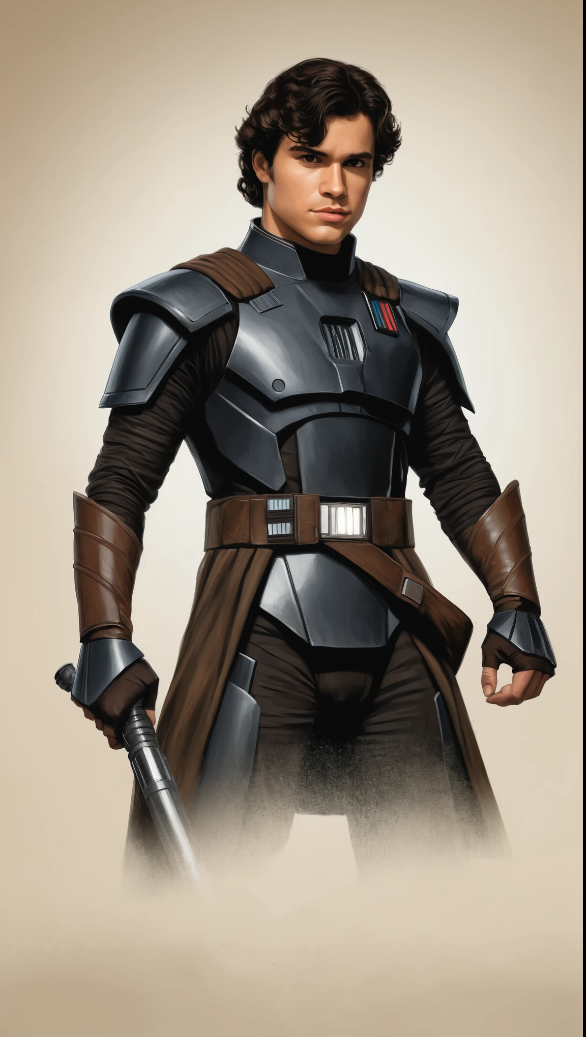 An illustrated movie poster, hand-drawn, full color, a Jedi Knight, 28 years-old, wearing a dark jedi tunic, resembles Gavin Leatherwood, sun-tanned skin, stocky physique, deep brown eyes, wide bulbous nose, black hair, curly hair, thick bushy eyebrows, extremely hairy chest, stomach, and arms, lots of body hair, posing on a pedestal, hard shadows, graphite shading, stencil markings, airbrushed acrylic paint, masterpiece, in the style of Star Wars