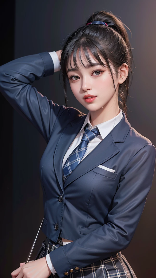 (8K), (highest quality: 1.2), (realistic), (realistic: 1.47), ultra high resolution, 1 girl, cute, smile, closed mouth, (thick lips:1.3),red lip,(purse your lips),beautiful details, beautiful nose,(Straight shiny black hair),(With a black ribbon on her head),(ponytail hair),Stand on the concert stage,hold the microphone in the right hand,Bend your elbows and raise your hands,(University Student Uniform,A simple navy blue blazer,white satin shirt,tie,tartan check pleated skirt,opaque tights:1.2),(Wet thighs close up:1.2),(knees),(super low angle:1.2),(medium shot),