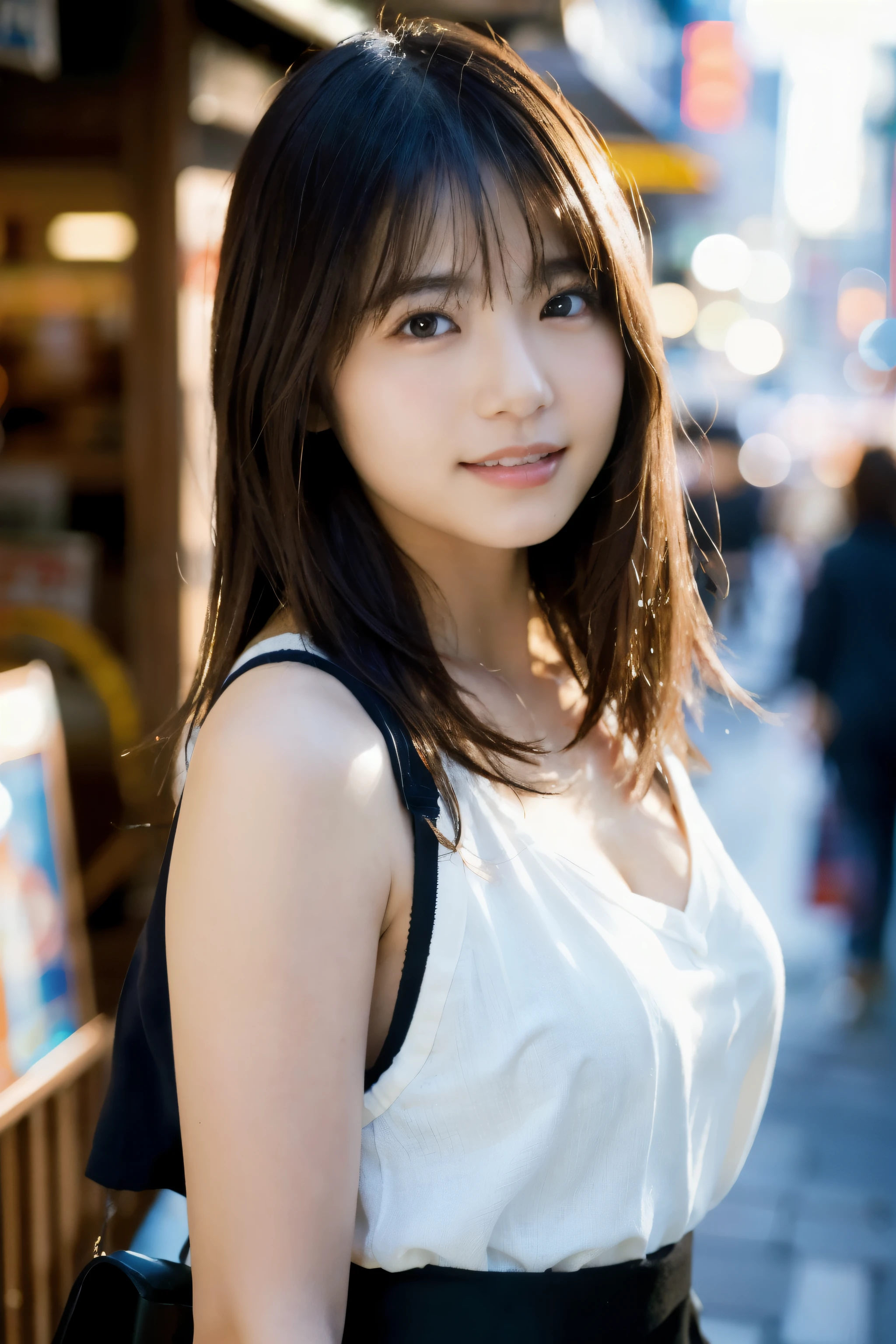 (Skin Blemishes: 1.2), (Skin Dent), Black Eyes, 1 Woman, 25 years old, ((((Female))), Solo, Realistic, Best Quality, Photorealistic, Masterpiece, 8K, High Resolution, Solo, Highly Detailed Face, (Pro Lighting, Bokeh), (Light Particles, Lens Flare, Luminous Particles: 0.6), (Dynamic Pose: 1.2), Soft Lighting, Top View Angle, Fashionable and trendy atmosphere, Japan, street, Tokyo, ((daytime)), sky, ((viewer's point of view: 1)), (camera perspective), (portrait: 0.6), cowboy shot, gorgeous, standing figure, maintain original facial proportions, wide shoulders, full body, (small breasts), (medium hair), brown hair, floating hair, lips, lipstick, seductive smile, floating hair, smile, open mouth, teeth, eyelashes , moles, (moles under the eyes: 1),
