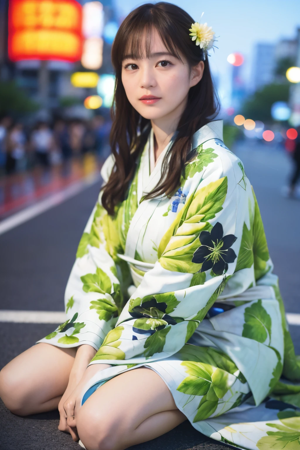 photography in the style of detailed hyperrealism,cinematic composition,sky,dof,perfectly focused, Peter Doig,Nan Goldin,fantasy, creature in a kimono sits in the middle of the street,Tokyo,close up, hyper detailed,intricate,poster,artstation, spread legs,8K,16K