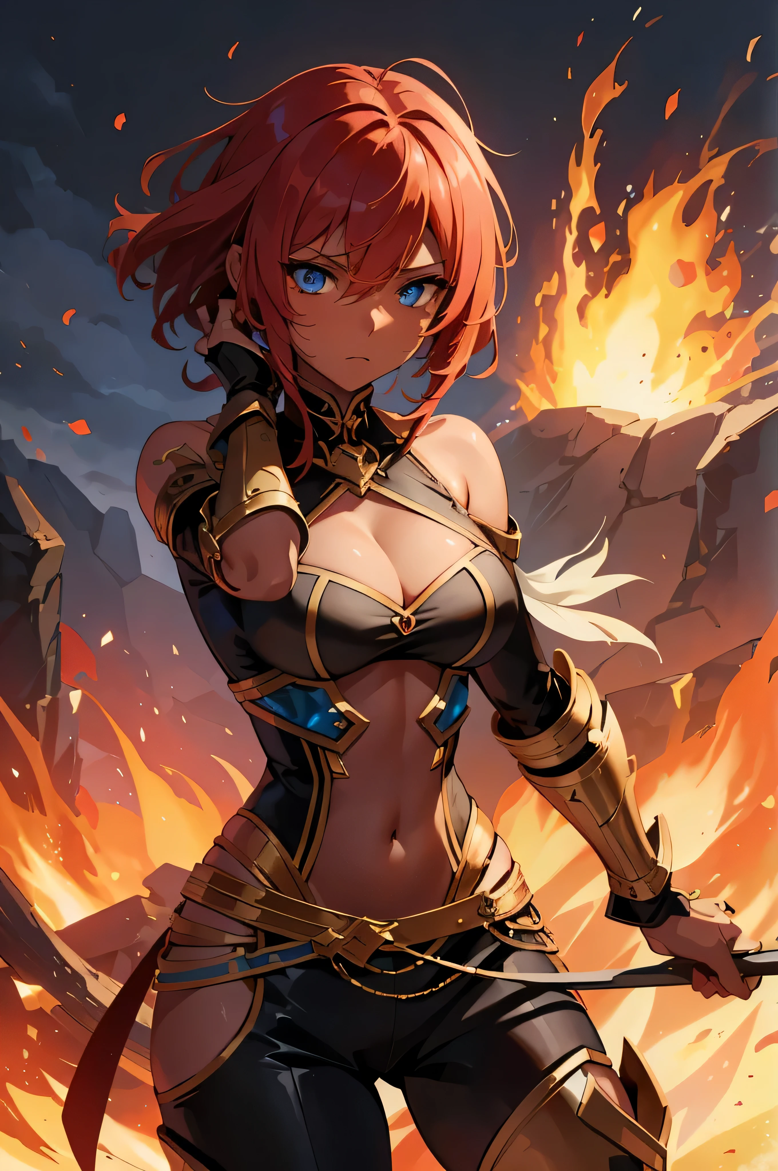 Character 3 - Female Warrior (Dark Skin Complexion):
Name: Alize Emberheart
Appearance: Alize is a powerful and fiery warrior with a deep ebony skin tone. She wears flame-patterned armor that seems to dance with an internal fire. Aya's weapon of choice is a pair of blazing gauntlets, allowing her to unleash devastating fire-based attacks. Small breast size. Well trained with abdominals .Her glowing light blue eyes. Her intense gaze and crimson, short red hair reflect her passionate and determined nature. Scars on her body. She wears short pants