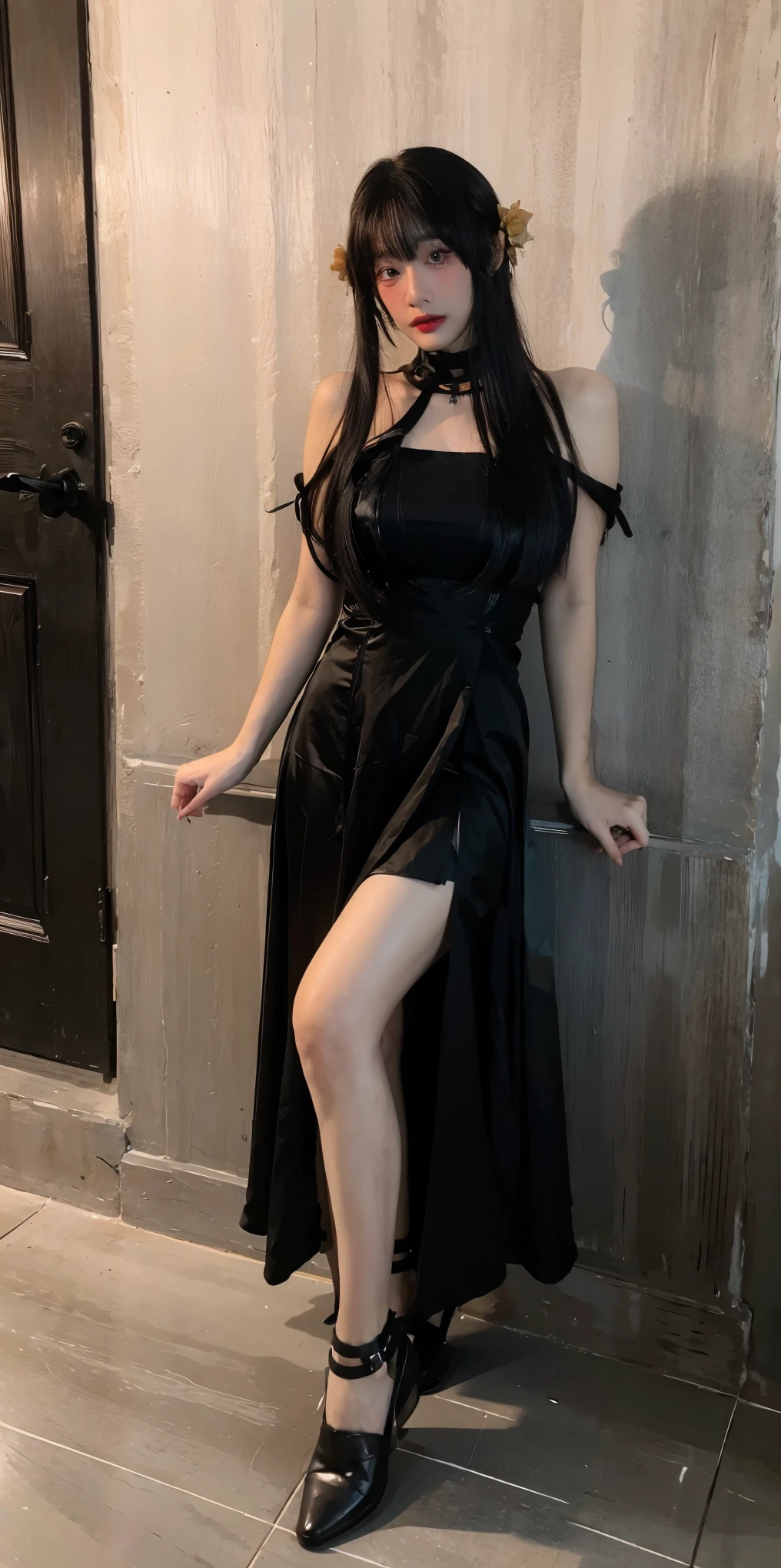 (8K,masterpiece,RAW photos,best quality,Detail:1.2),Korean Female Model，height 175cm，perfect body，long legs，wavy and long hair，Arad woman posing on stairs in black dress and high heels, mini black dress, Gorgeous young Korean woman, beautiful korean women, 타이트한 Wearing a black dress, Korean woman, full body xianxia, Wearing a black dress, Korean female fashion model, black dress, Stylish, revealing dress, Beautiful young Korean woman, very sexy costume, Korean woman，Thin stockings, dress tightly，silk dress，see through dress，((pantyhose)),ray tracing