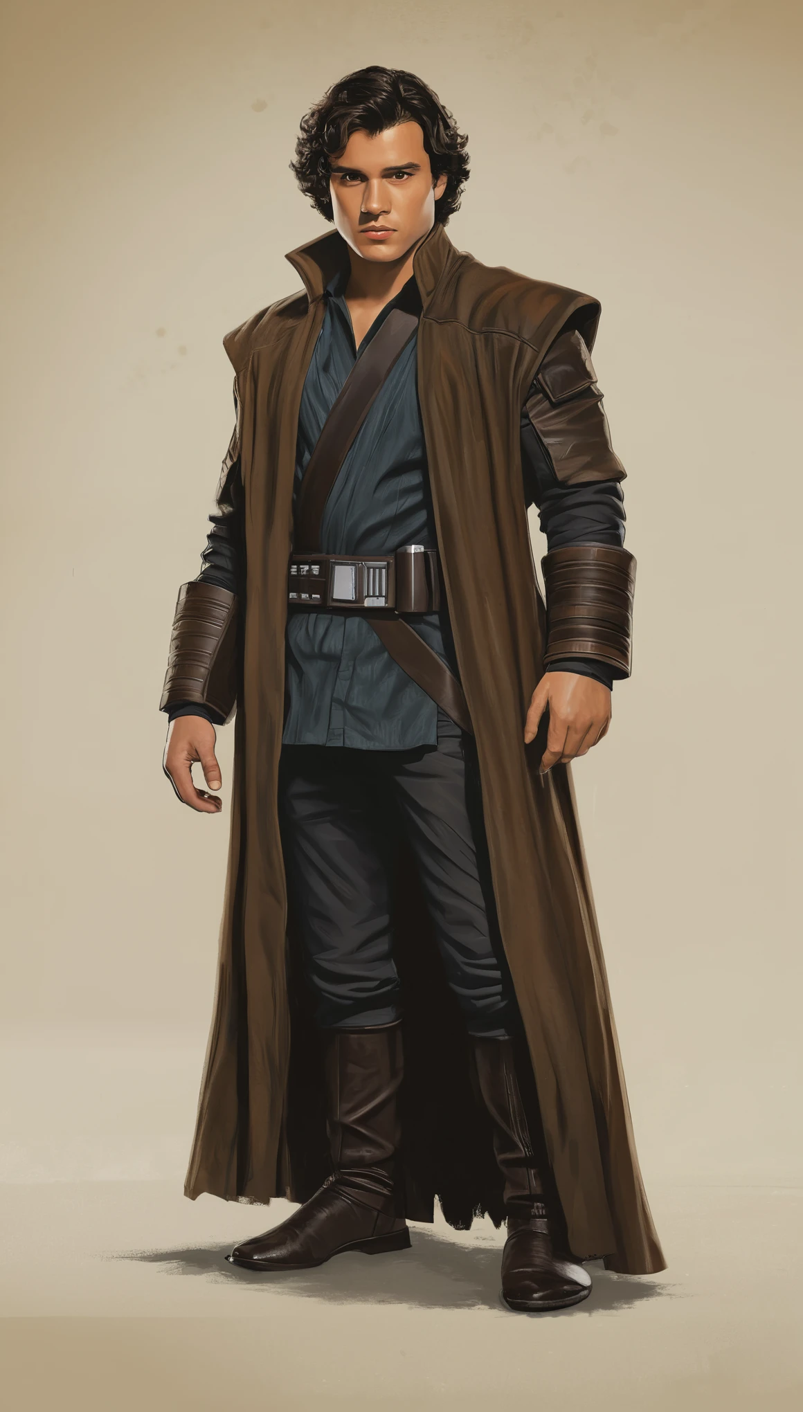 An illustrated movie poster, hand-drawn, full color, a Jedi Knight, 28 years-old, wearing a jedi long coat, resembles Gavin Leatherwood, sun-tanned skin, stocky physique, deep brown eyes, wide bulbous nose, black hair, curly hair, thick bushy eyebrows, extremely hairy chest, stomach, and arms, lots of body hair, posing on a pedestal, hard shadows, graphite shading, stencil markings, airbrushed acrylic paint, masterpiece, in the style of Star Wars