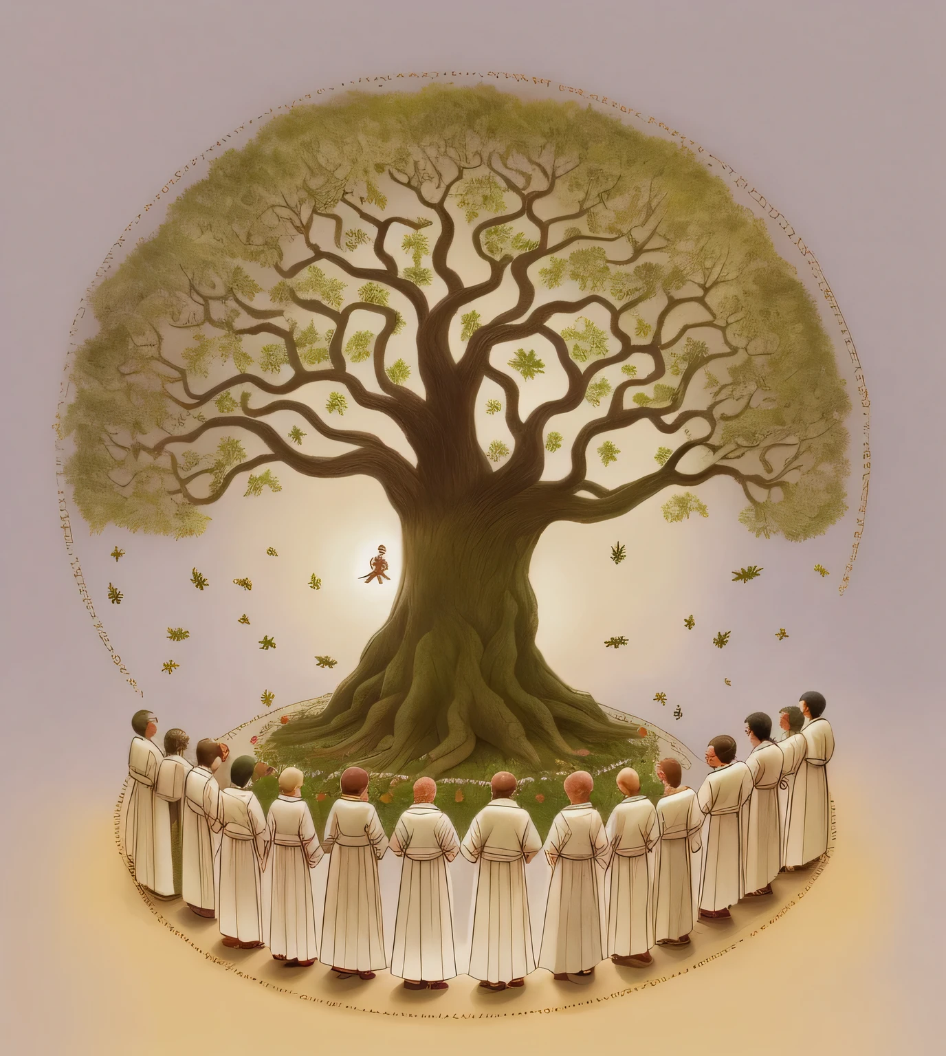 Create an image of a group of thirty-three people holding hands, twenty-six women and seven men, forming a circle around a large tree, the tree of life.
The tree is shaped like the letter T and has a heart right on top of the letter T.
This heart radiates colorful lights.
People are of different ages and races.
there is a man towards the tree.
The man in the direction of the tree has a light that surrounds his head, there is a blonde woman on his left side and another brunette on his right side, it is with them that the circle begins.
Women in white dresses of different sizes and models.
The men in white tunics and pants
All the people look happy and full with varied expressions on their faces.
Everyone is holding hands with the person next to them.


The tree that people form a circle around is a large, leafy tree with a thick trunk and a crown full of green leaves.
The ground around the base of the tree is covered in leaves and small grasses
There is a bright blue sky in the background and a moon that radiates a transparent bluish light looking like fog.

The group of people are carrying out an activity, a collective ritual.
They are meditating or praying together in gratitude for being part of this blessing of being special and helping other people.

Please create this image, with light pencil strokes forming the silhouettes of people and a soft watercolor painting.