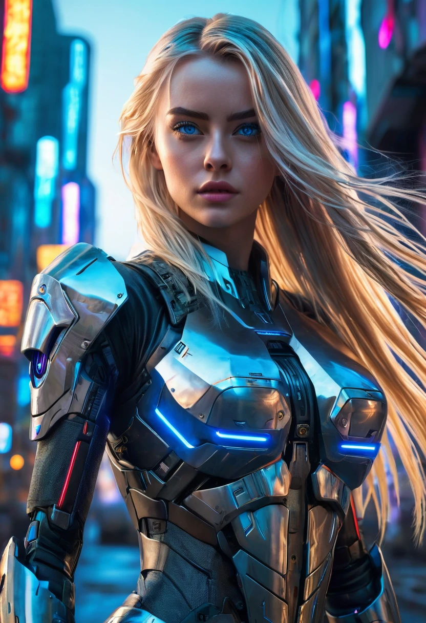 ((best quality)), ((masterpiece)), (detailed), perfect face, (best quality, highres, realistic), cyberpunk style, vibrant colors, dramatic lighting, 1girl, blue eyes, blond hair, long hair, flowing hair, futuristic armor, full body, fighting pose, standing, futuristic city background,