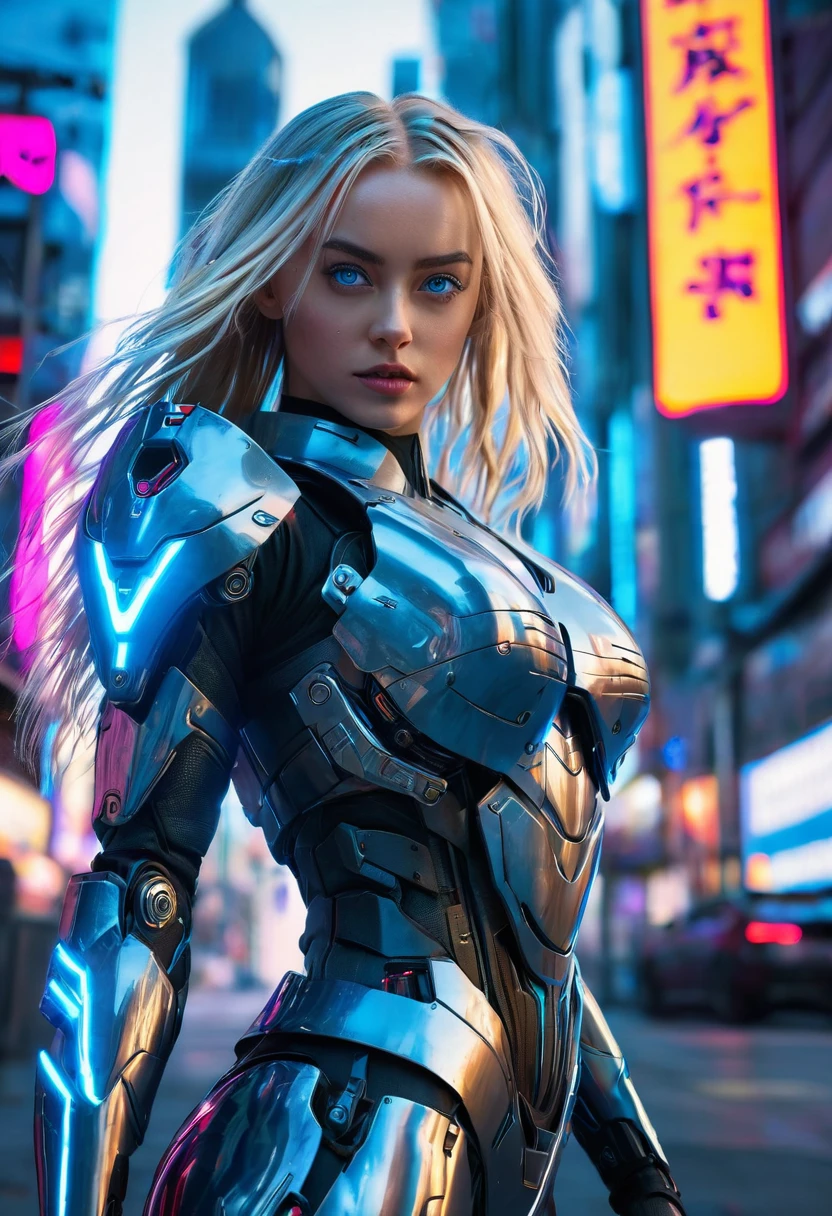 ((best quality)), ((masterpiece)), (detailed), perfect face, (best quality, highres, realistic), cyberpunk style, vibrant colors, dramatic lighting, 1girl, blue eyes, blond hair, long hair, flowing hair, futuristic armor, full body, fighting pose, standing, futuristic city background,