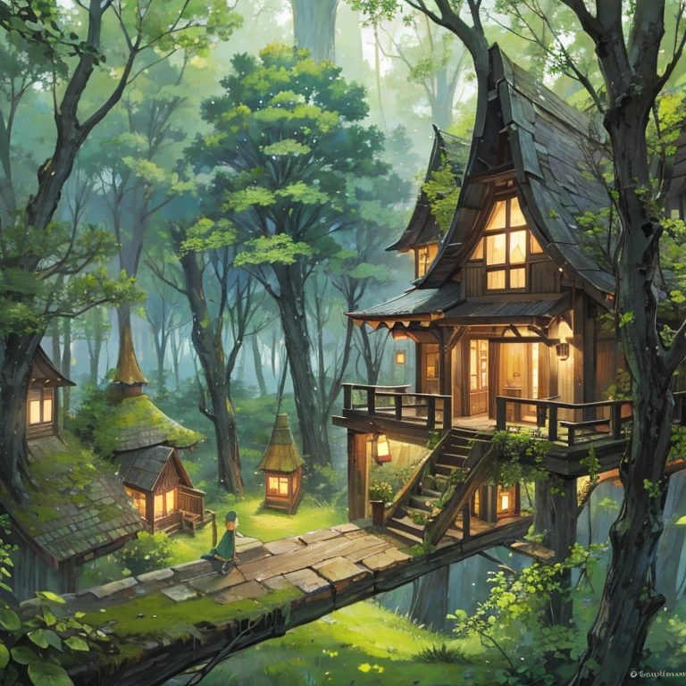 Cozy peaceful tree elf village of treehouses hidden high among the dense trees of the forest.