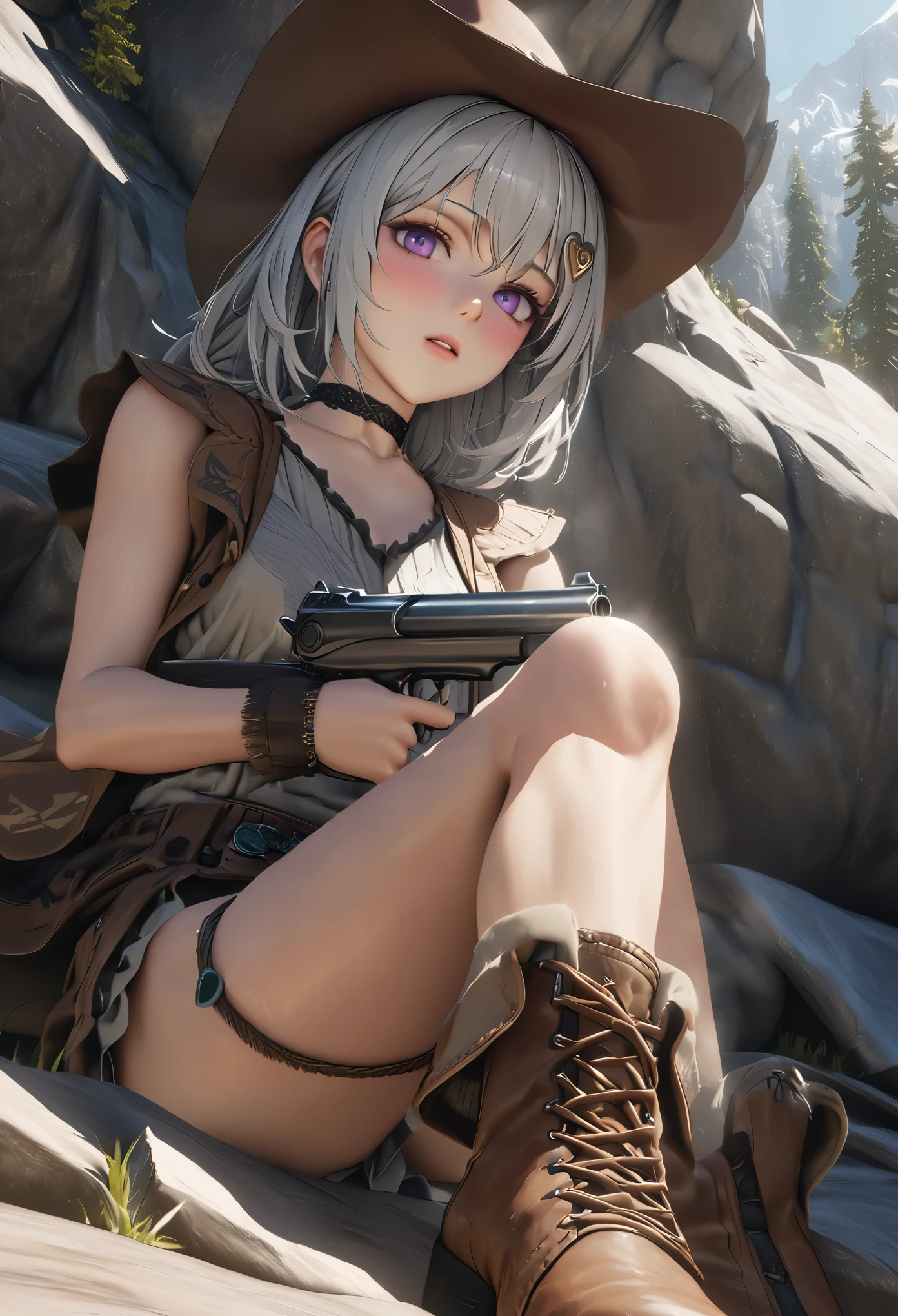 masterpiece,highest quality, Super detailed, High resolution, expensive resolution, HDR, 4k, 8K, unity 8k wallpaper, Super detailed CG, masterpiece, realistic, 2D, 3D, beautiful details, depth, fine texture , super fine: 1.3, Fully focused, Crispy.skin, .he, Very cute anime girl 、Desolate wilderness、cowboy styleの衣装、cowboy hat、cowboy boots、hand gun、mexican wilderness、duel、hand gunを持って立っている、long silver hair wearing expensive , one girl、alone, long silver hair, cowboy style、cowboy hat、hand gun、duel、cowboy bootole under the eye, looking at the viewer , expensive , blush, mole, parted lips, hair ornaments, heart, purple eyes, choker