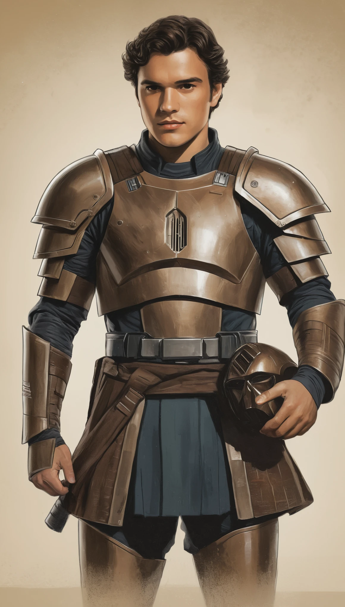 An illustrated movie poster, hand-drawn, full color, a Jedi Knight, 28 years-old, wearing a clone armor cuirass, resembles Gavin Leatherwood, sun-tanned skin, stocky physique, deep brown eyes, wide bulbous nose, black hair, curly hair, thick bushy eyebrows, extremely hairy chest, stomach, and arms, lots of body hair, posing on a pedestal, hard shadows, graphite shading, stencil markings, airbrushed acrylic paint, masterpiece, in the style of Star Wars