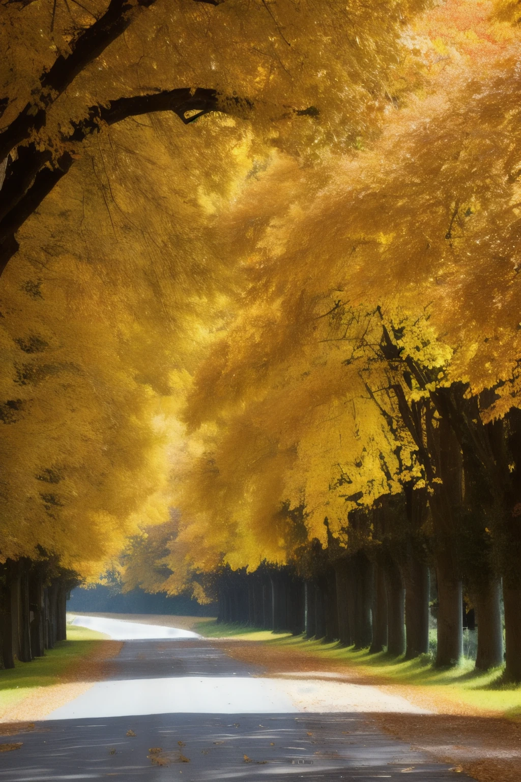 In autumn, a dirt lane road is covered with yellow leaves on both sides of the plane trees, yellow and red leaves on trees