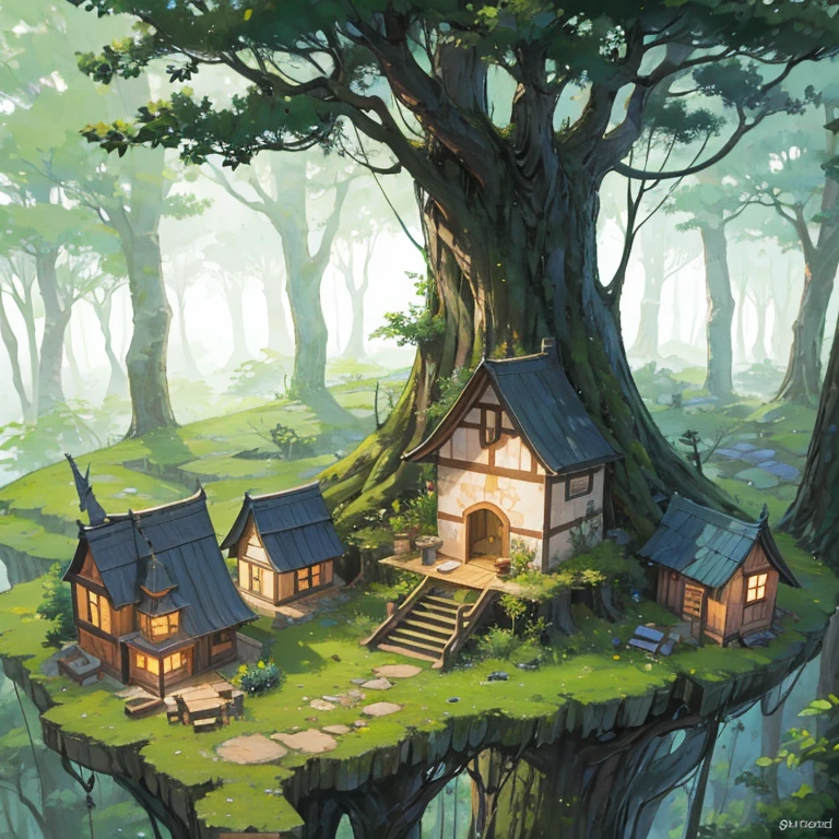 Cozy peaceful tree elf village of treehouses hidden high among the dense trees of the forest and far from the forest floor or any human eyes…