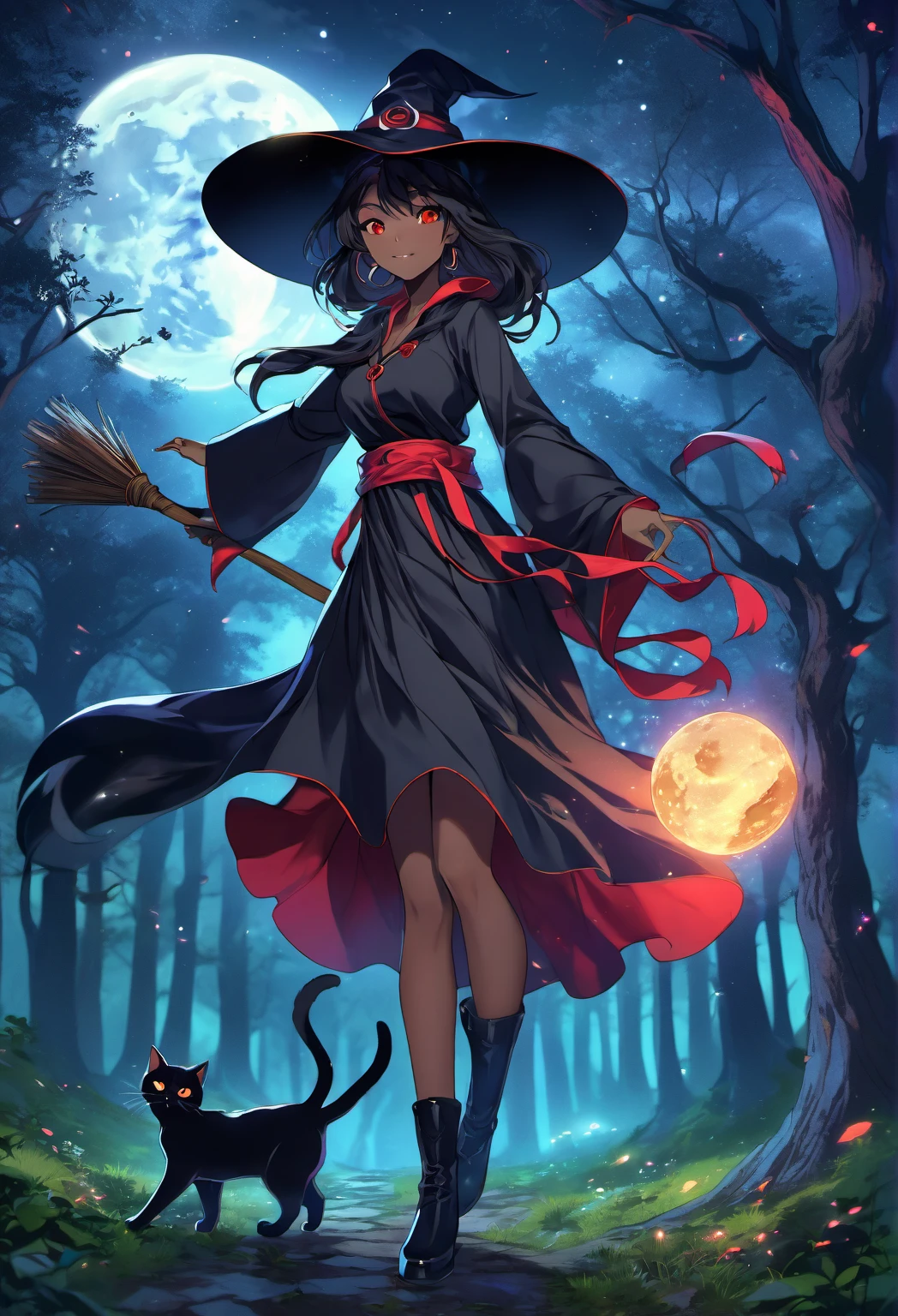 (best quality,4k,8k,highres,masterpiece:1.2),ultra-detailed,(realistic,photorealistic,photo-realistic:1.37),witch anime girl,dark hair,red eyes,black skin,intense glare,flowing long robes,mysterious smile,enchanted forest background,dark and moody lighting,vibrant colors,ethereal atmosphere,cast spell,broomstick,flying in the moonlight,glowing magical runes,crescent moon in the sky,cat familiar,grimoire,spellbook,full moon,nighttime ambiance,fantasy setting,witch hat,glowing red magical aura,swirling mist,spellcasting gestures,occult symbols,moonlit stars,enchanted moonlight,witchcraft,whimsical anime style,haunting and captivating presence,supernatural powers