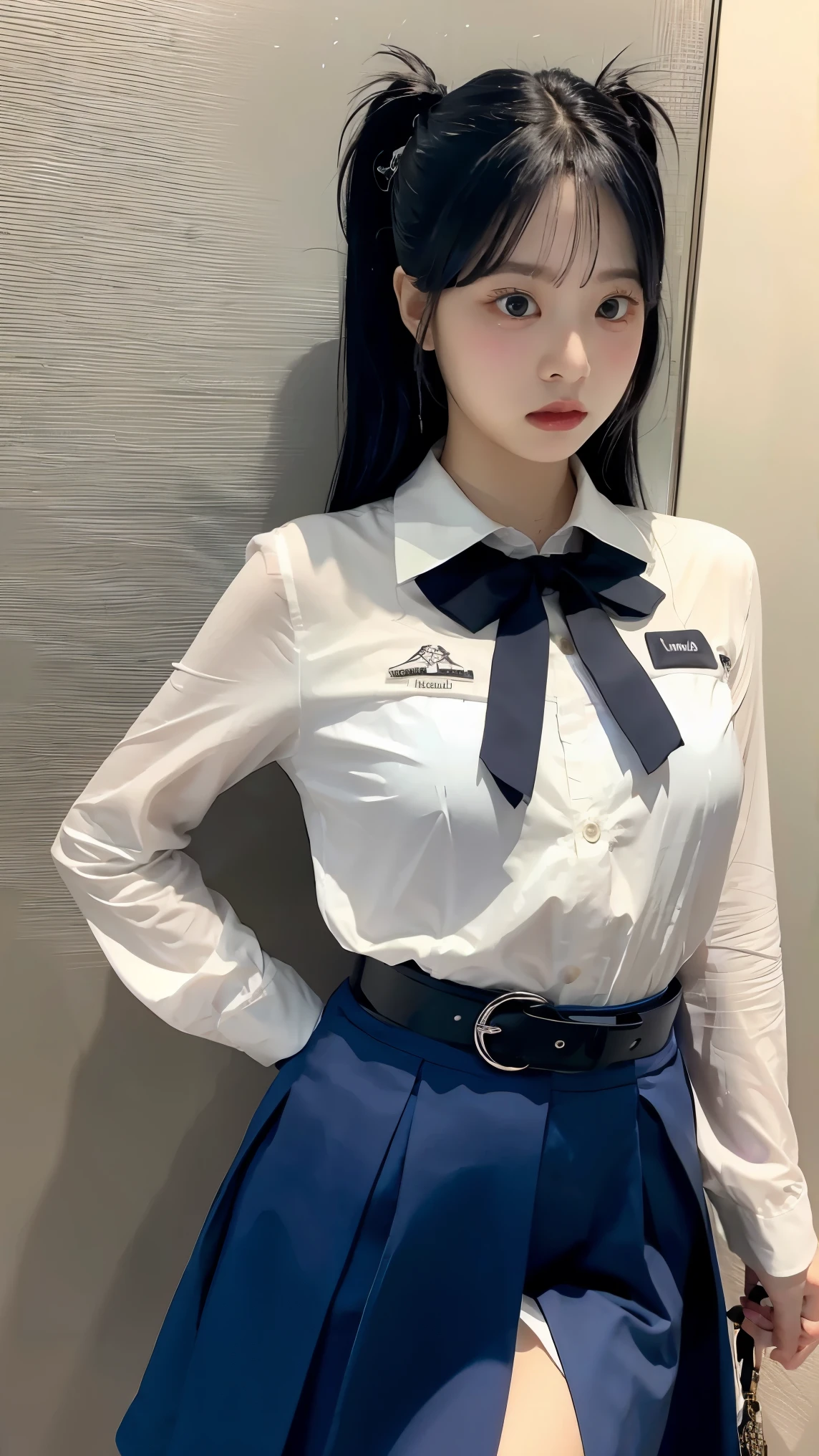 girl, convent, white shirt, long sleeve, Loose tie, Navy blue long skirt, black belt,