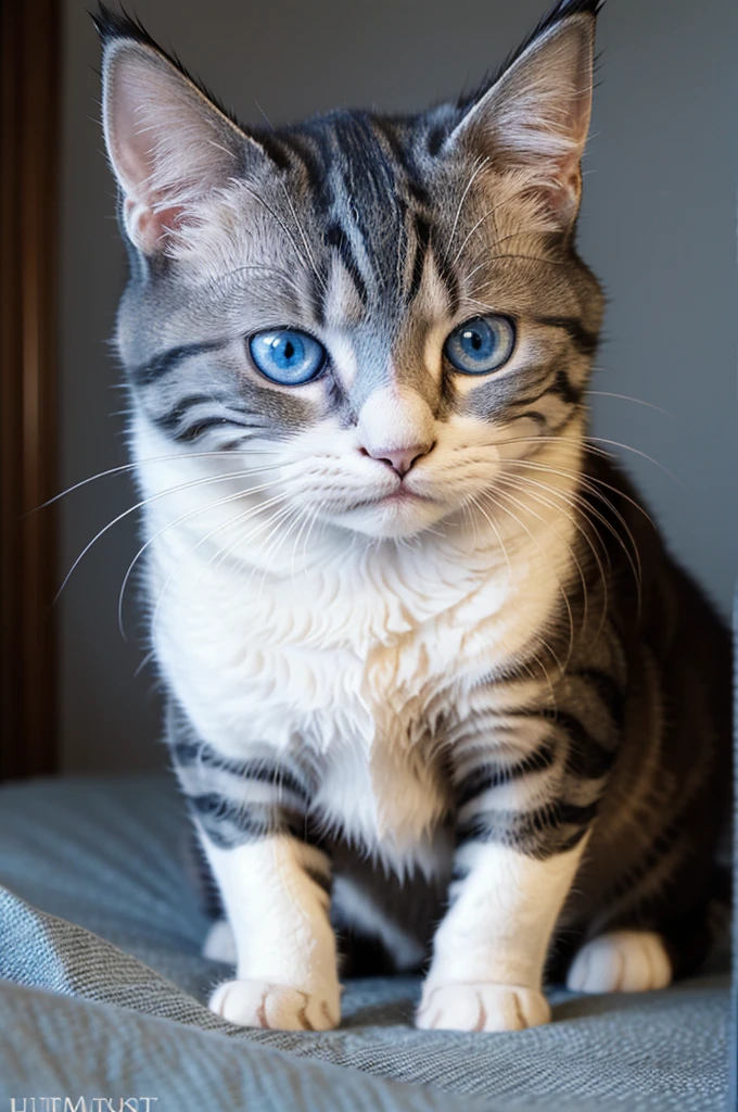 Photo of the one--old ky cat with blue eyes, Full frame, on top of a luxury and cozy bed, soft but grumpy, frowning, grumpy & sad, sad grumpy face, mean smirk, smirking deviously, frowning expression, frown! angry look, ((ultra realistic), ((masterpiece)), ((detailed)) 