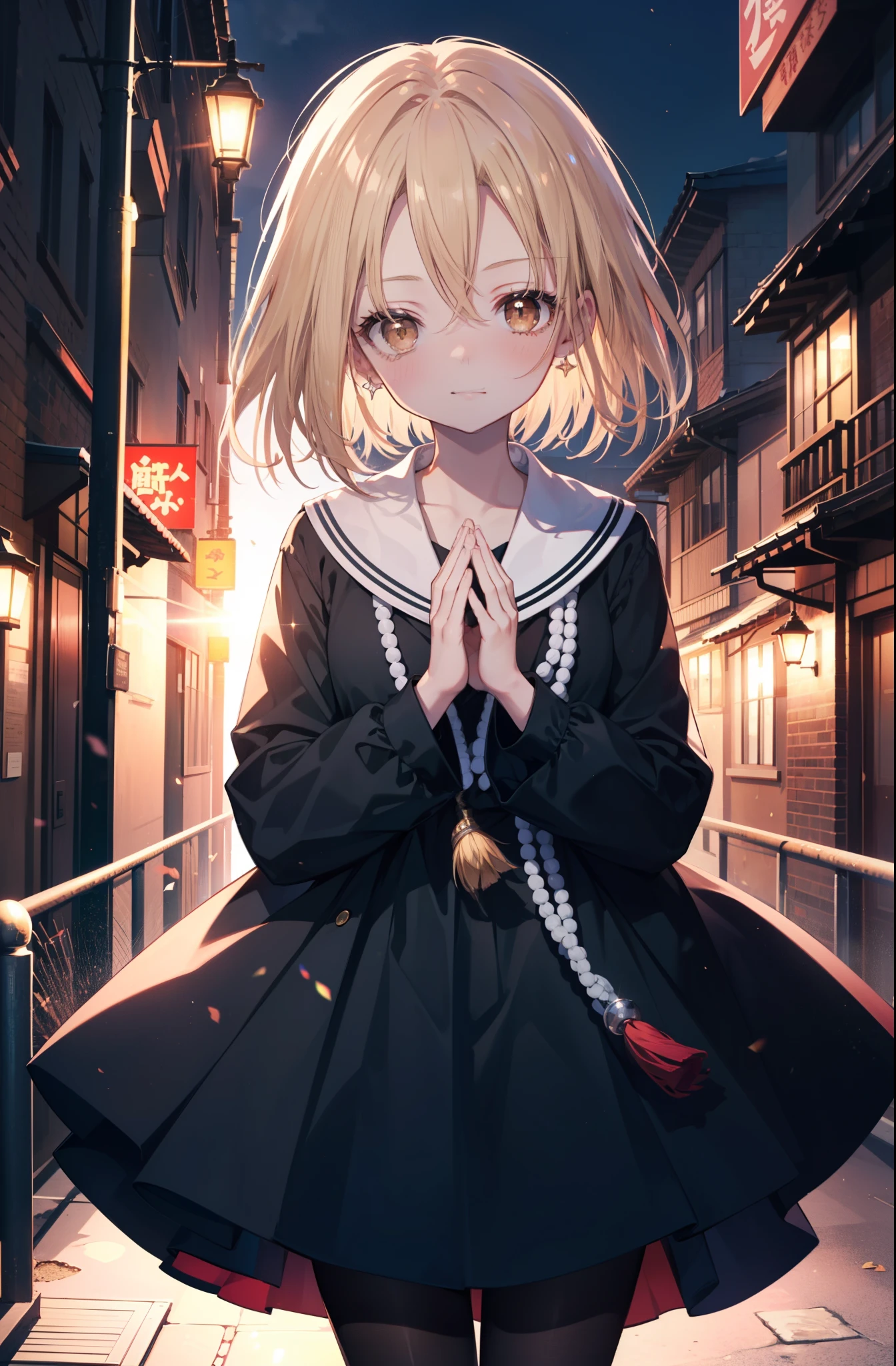 annakyouyama, anna kyouyama, blonde hair, short hair, (brown eyes:1.7),smile,blush,prayer beads,beads,Black long-sleeved sailor suit,black pleated skirt,white pantyhose,black loafers,walking,morning,morning日,太陽が登っている
break looking at viewer, whole body,(cowboy shot:1.5),
break outdoors, city,building street,
break (masterpiece:1.2), highest quality, High resolution, unity 8k wallpaper, (shape:0.8), (fine and beautiful eyes:1.6), highly detailed face, perfect lighting, Very detailed CG, (perfect hands, perfect anatomy),