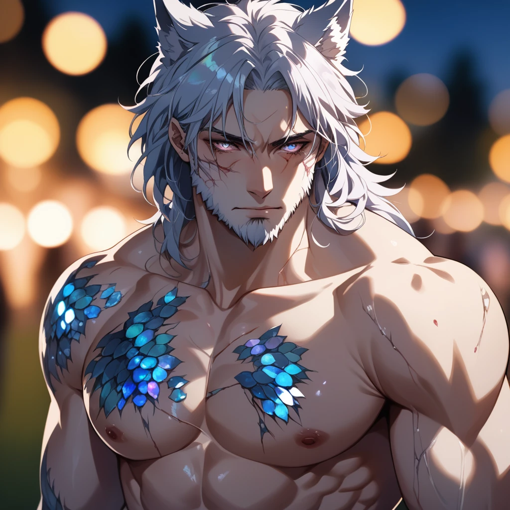 ((1man)), a desperate and sad wolf man in a park, handsome face, body is broken with scars, standing proudly, 8K, (dynamic perspective), sharp focus, (depth of field, bokeh:1.3), extremely detailed eyes and face, beautiful detailed eyes, cinematic lighting, reflective transparent iridescent opaque skin, long transparent iridescent opaque hair, ((masterpiece, best quality)), from above, upper body, navel, muscular