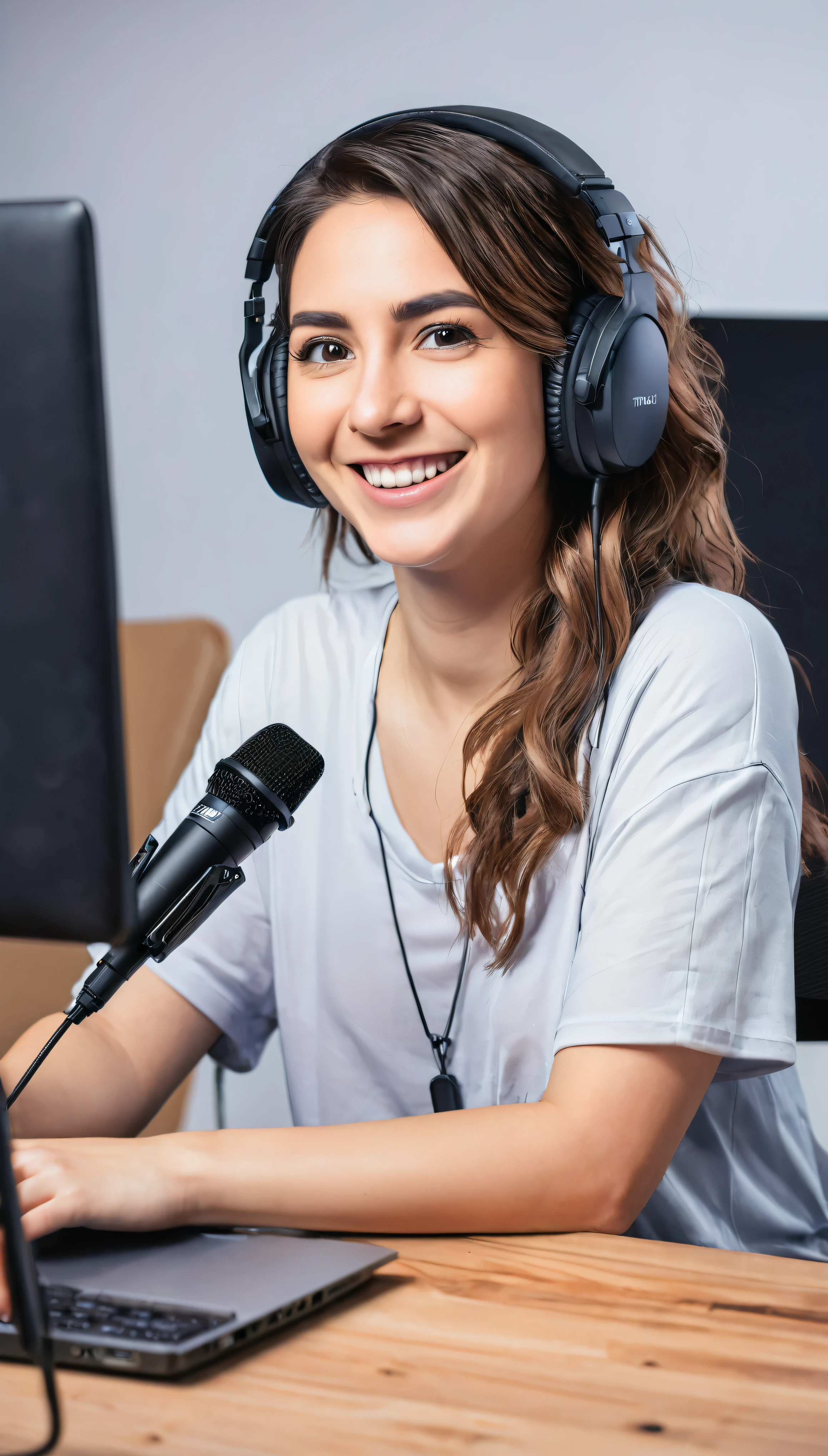 A woman sitting at a desk with a laptop and microphone, sitting in front of a microphone, Twitch streamer, Twitch streamer/gamer Ludwig, giving an interview, accurate portrait, taking control while smiling, H3H3, with a happy expression, accurate representation, in front of a computer, trending art, Shutterstock, studio shot, very expressive, realistic anime, drawn,