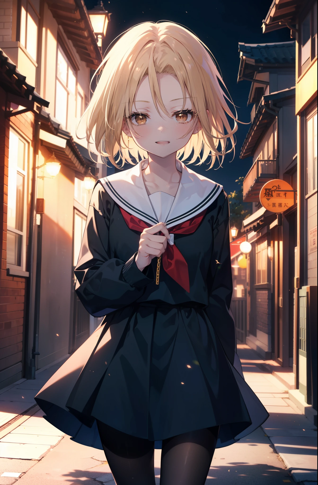 annakyouyama, anna kyouyama, blonde hair, short hair, (brown eyes:1.7),happy smile, smile, open your mouth,Black long-sleeved sailor suit,black pleated skirt,white pantyhose,black loafers,walking,morning,morning日,太陽が登っている
break looking at viewer, whole body,(cowboy shot:1.5),
break outdoors, city,building street,
break (masterpiece:1.2), highest quality, High resolution, unity 8k wallpaper, (shape:0.8), (fine and beautiful eyes:1.6), highly detailed face, perfect lighting, Very detailed CG, (perfect hands, perfect anatomy),