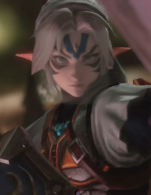 un primer plano de una persona con una espada en un bosque, zelda, un retrato de enlace, rostro regio y amenazador, un elfo macho, de la leyenda de zelda, es muy amenazante y malvado, zelda twilight princess, fierce expression, primer plano medio, mirada concentrada, mirada intensa, Serene Expression, aguas sagradas, twilight princess