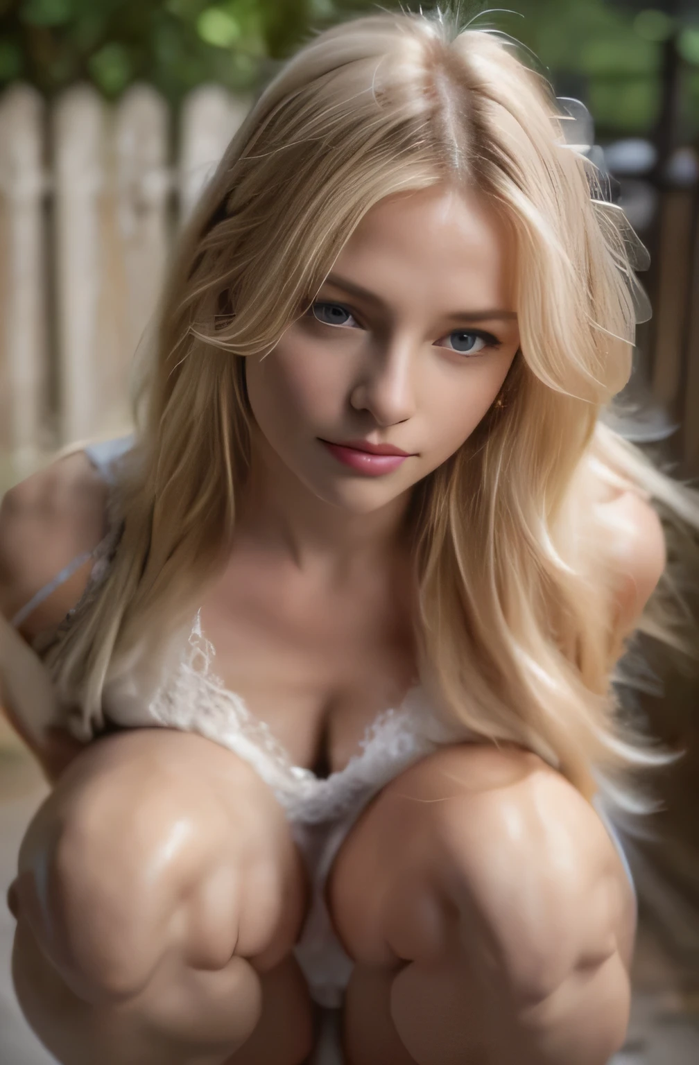from the front, blonde,squatting down, open your mouth, tired face, face of suffering, Attacked by men, assaulted by men, Sexually abused by a man, Captured by a man, Being restrained by a man, blonde, masterpiece, beautiful girl, fine eyes, puffy eyes, highest quality, High resolution, super beautiful, beautiful skin, reality, High resolution, very detailed, beautiful and fine eyes, Super detailed, 20-year-old, white dress, full body image, attractive thighs, beautiful legs, beautiful thighs, Both arms were tied, painful expression, depressed, torture, pain, binded arms, hands tied behind the back