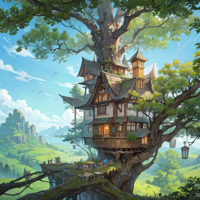 Tree elf large vast treehouse village.
