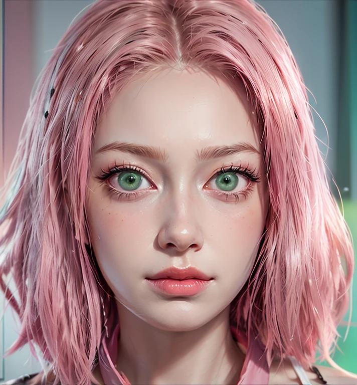 young woman, short shoulder-length pink hair, wide forehead, porcelain skin, pink eyebrows, big emerald green eyes, buttoned nose, full lips, heart-shaped face, slender body, small breasts, red tank top, Sakura Haruno , realistic, realism, details, 3d, well detailed