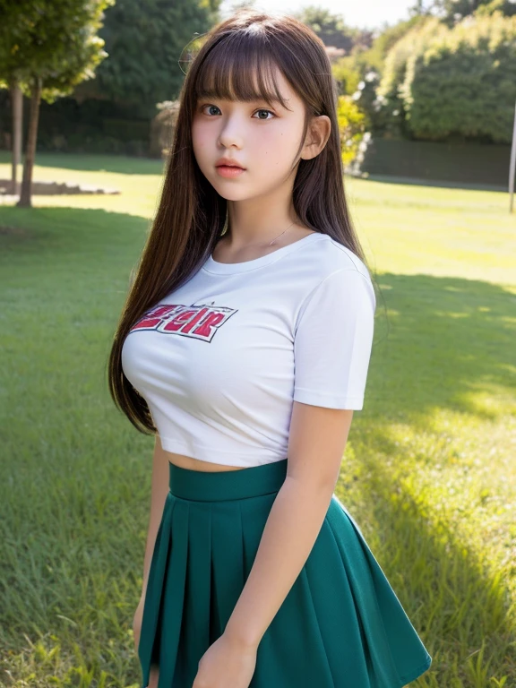 (highest quality, 8K, masterpiece ),,big breasts、 super detailed face, bangs、tight t-shirt、double eyelid, (mini skirt:1.2)、strong natural light、