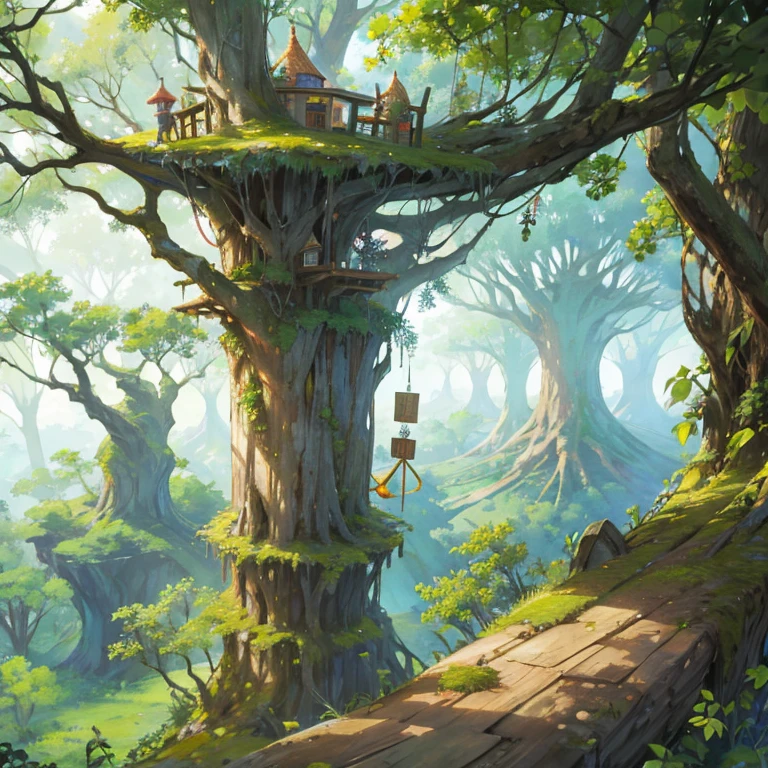 Tree elf large vast treehouse village, natural.