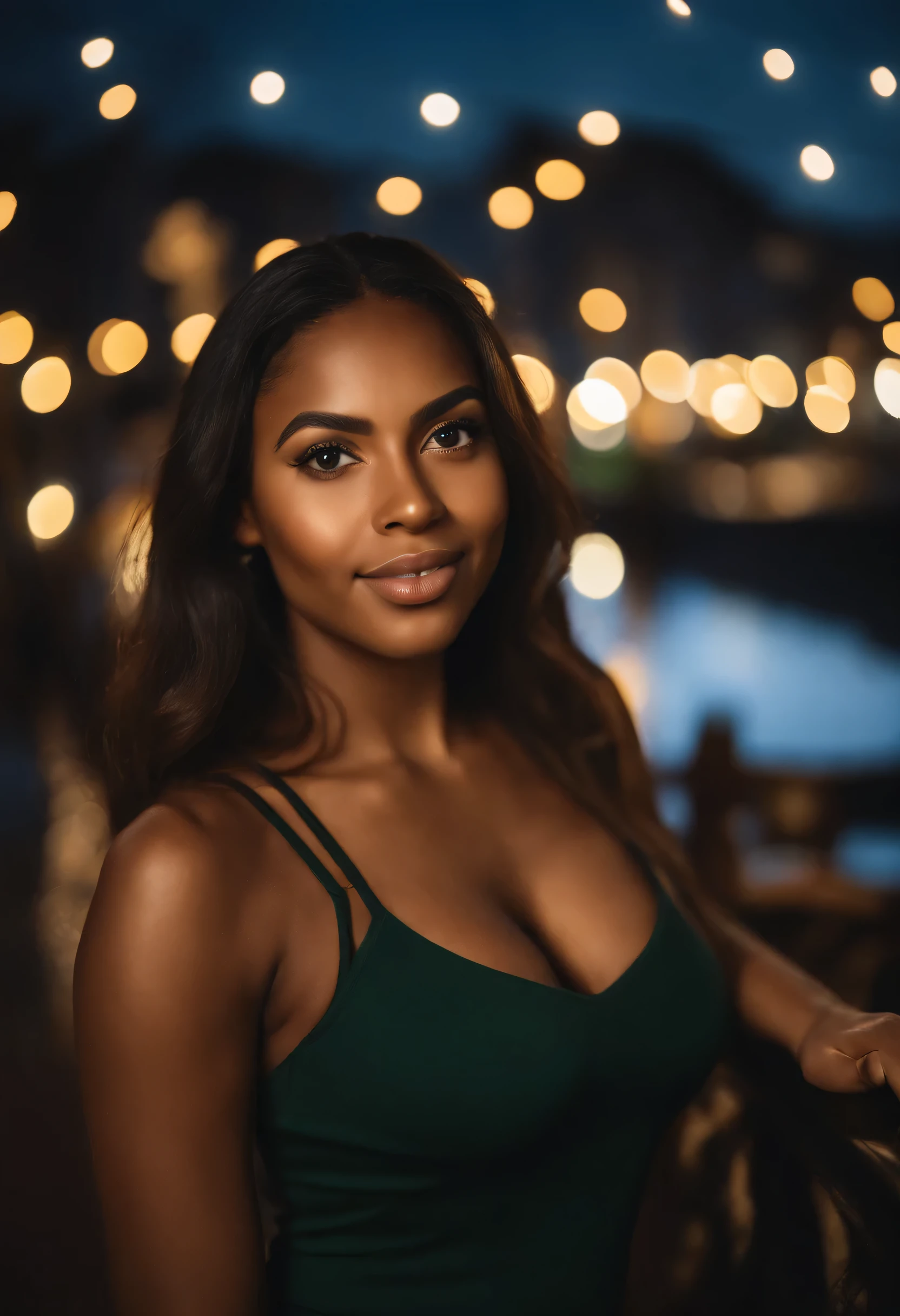 (foto de selfie, from aBove: 1.4), (half-Body portrait: 1.4), 24-year-old Black mixed-race woman, olhos verdes (mulher de olhos verdes),Beautifull Black long cabelo with Blond highlights, pele clara, walking in a Bar RAW uhd portrait photo, natural Big Breast_B, city Background at noite, (yellow summer dress), (rachadura), detalhado (textura!, cabelo!, Brilhar, cor!!, imperfections: 1.1), highly detalhado glowing eyes, (looking at the camera), luz especular, dslr, qualidade extrema, Afiado focus, Afiado, DOF, Film grain, (centrado), Fujifilm XT3, claro como cristal, centro do quadro, rosto fofo, Afiado focus, street lamp, luzes de neon, Bokeh, (luz negra), sutil, noite, (noite sky ) detalhado skin pores, dark skin oil, Brown, detalhes complexos dos olhos