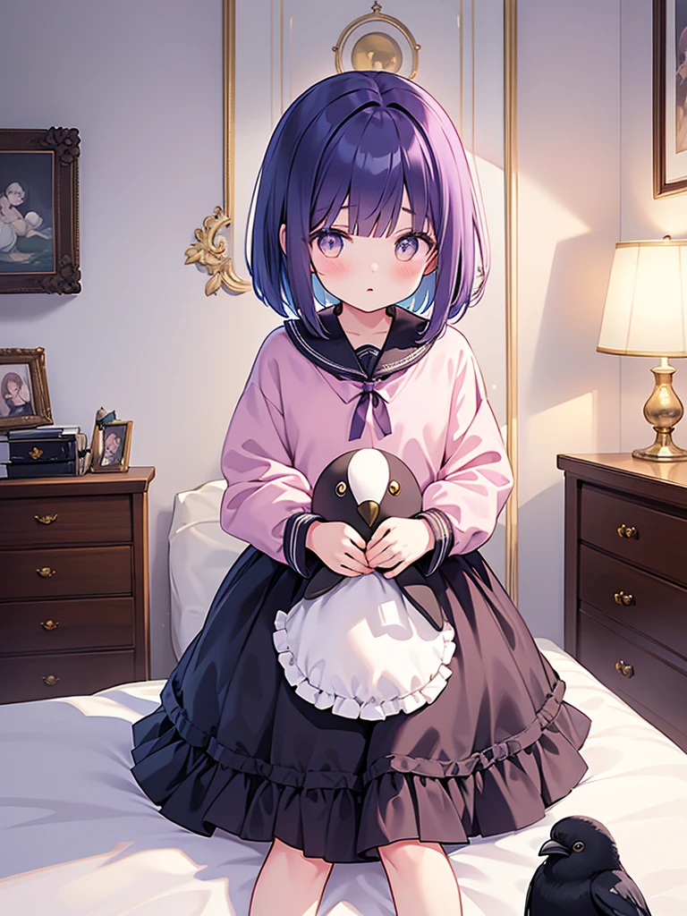 beautiful illustrations, highest quality, pretty girl, Bedroom, pastel colour, deep violet bob cut hair, crow stuffed animal, bright lighting, gold eyes